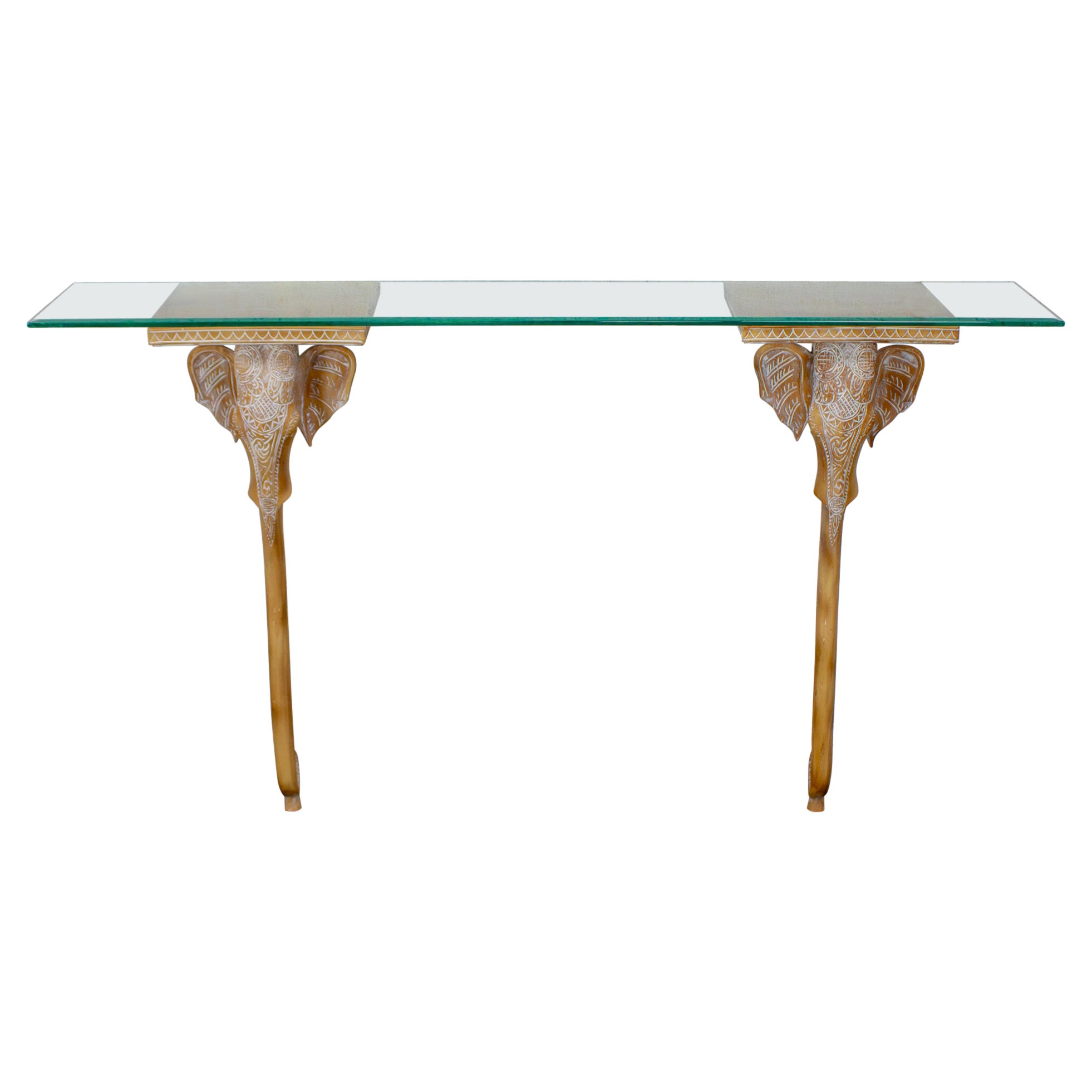 Hollywood Regency Animalia Elephant Head Sconce Console Table w/Glass Top For Sale