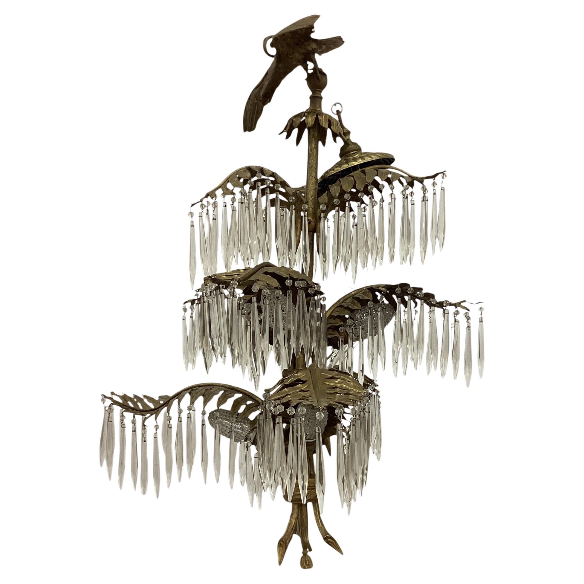 Lampadario Hollywood Regency Antique French Palm Tree in bronzo dorato e cristallo