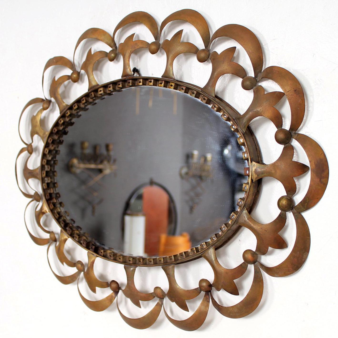 Hollywood Regency Antique Oval Mirror with Sculptural Brass Frame For