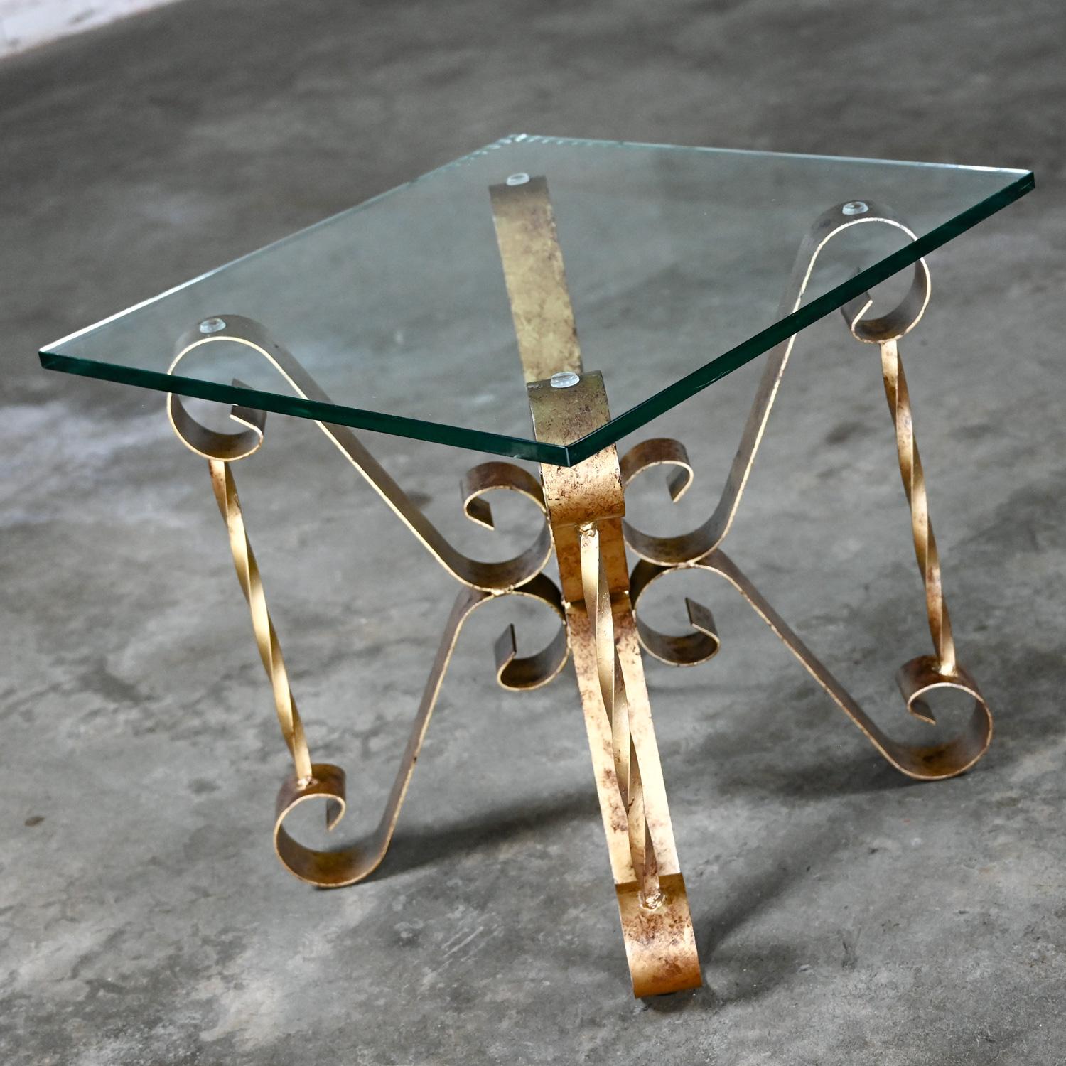 Unknown Hollywood Regency Antiqued Gold Iron End or Side Accent Table Square Glass Top For Sale
