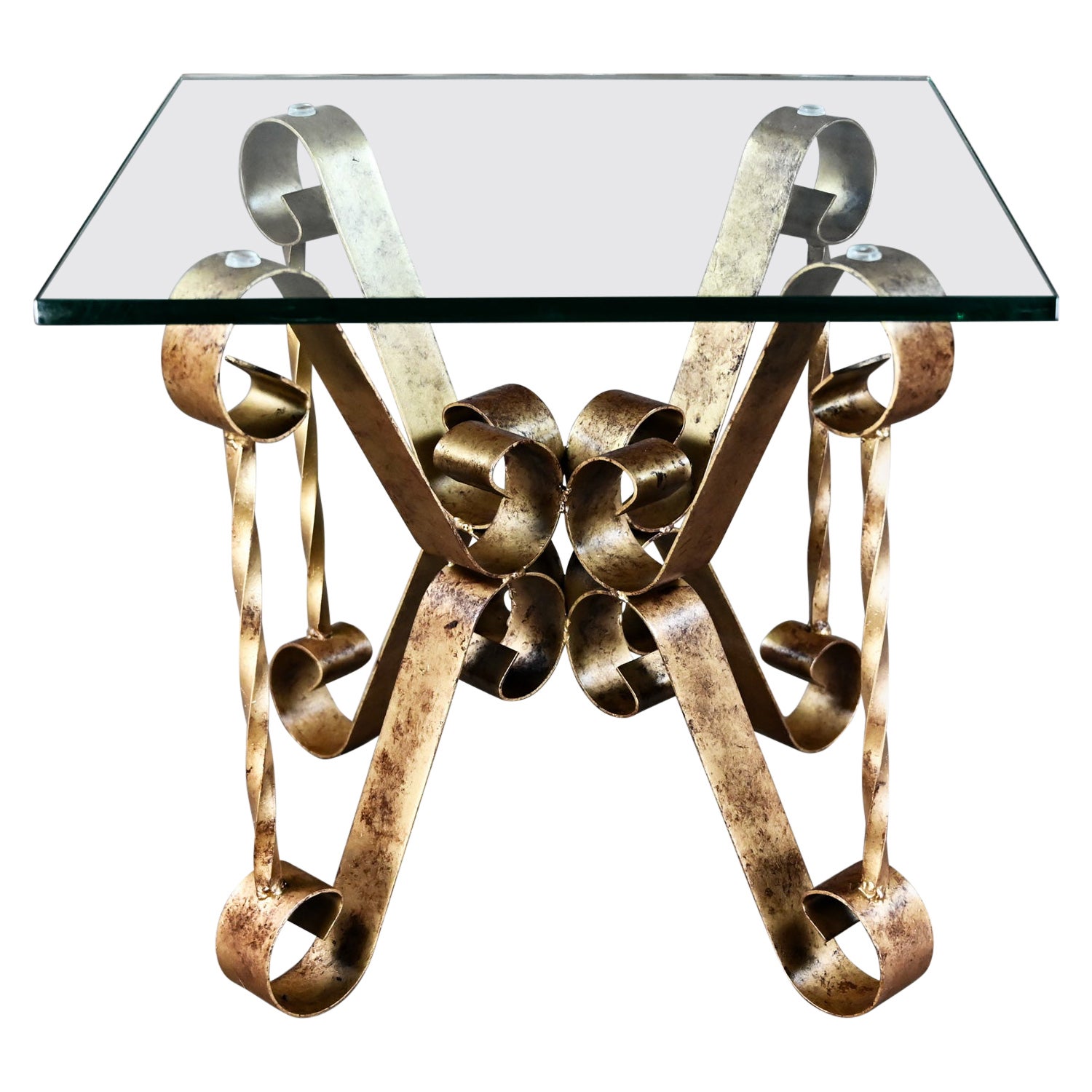 Hollywood Regency Antiqued Gold Iron End or Side Accent Table Square Glass Top