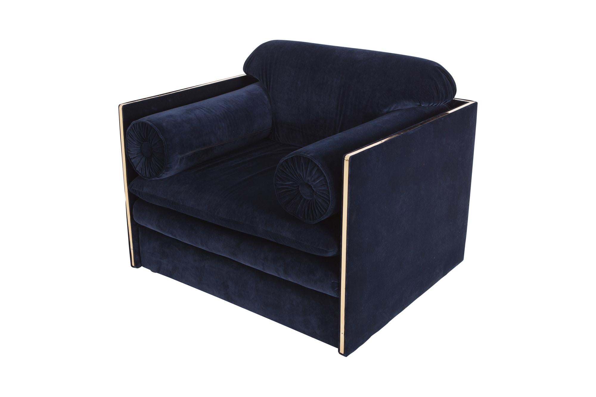 Hollywood regency Armchairs in Dark Blue Velvet and Brass   4
