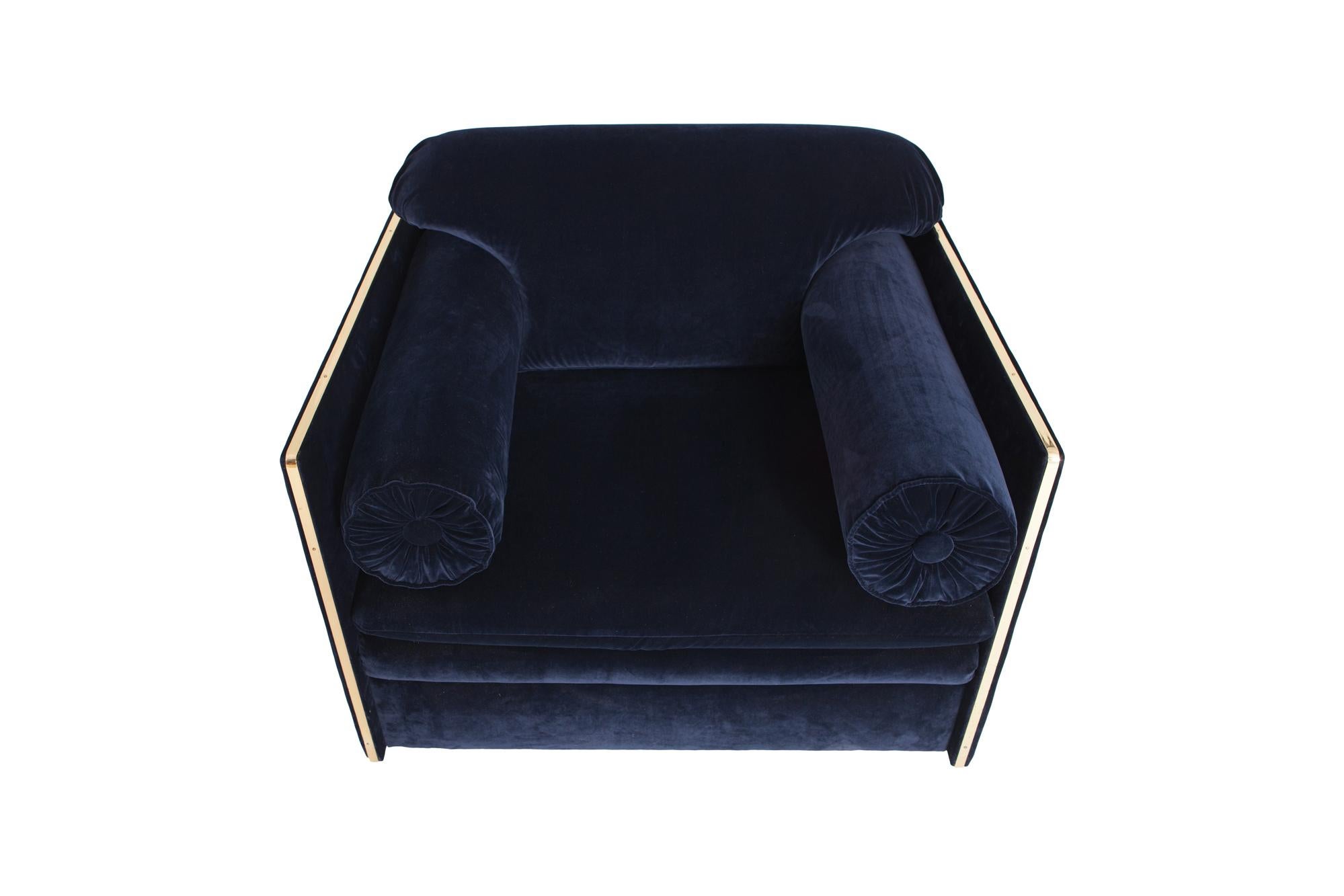 Hollywood regency Armchairs in Dark Blue Velvet and Brass   1