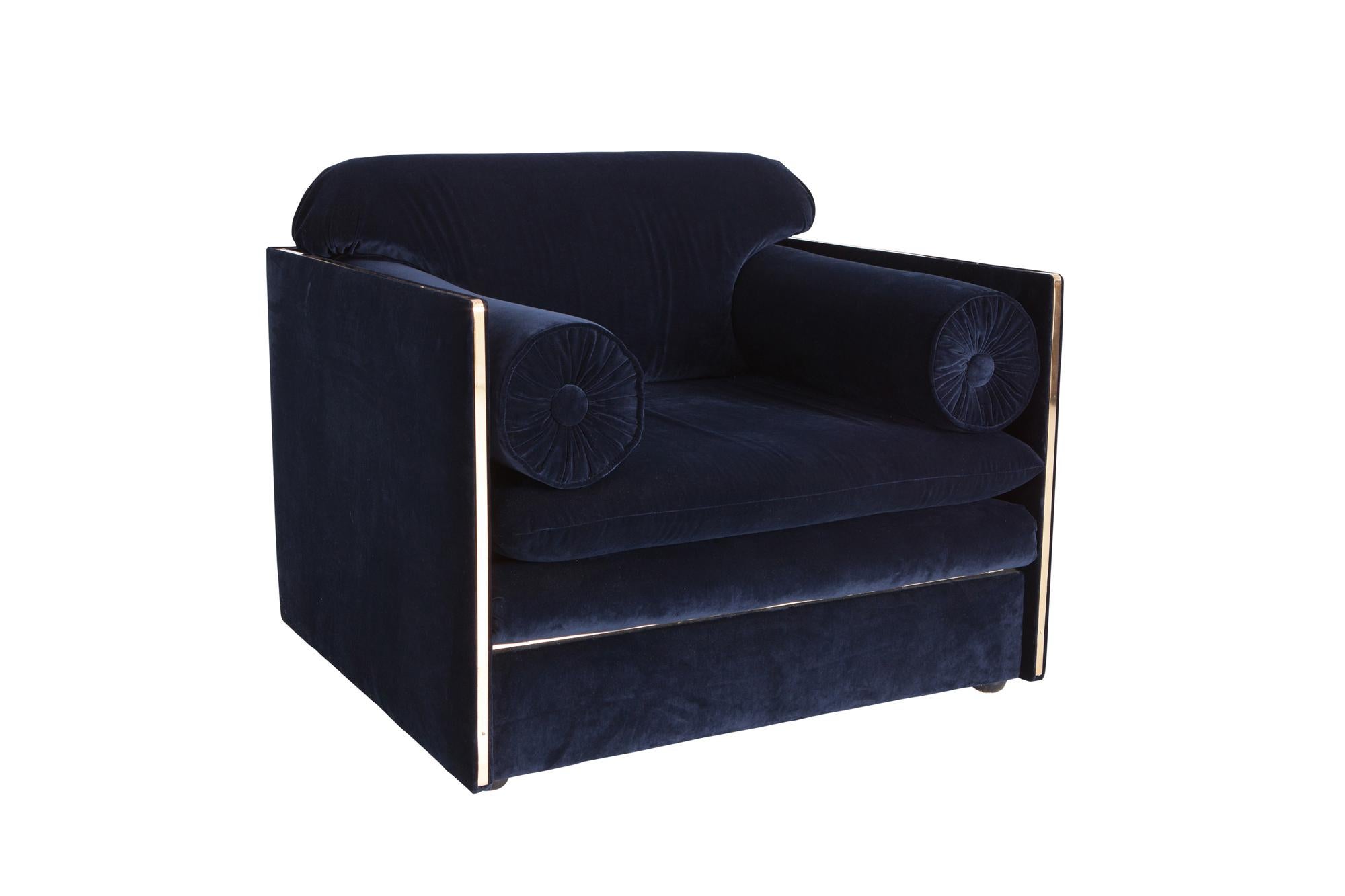 Hollywood regency Armchairs in Dark Blue Velvet and Brass   2