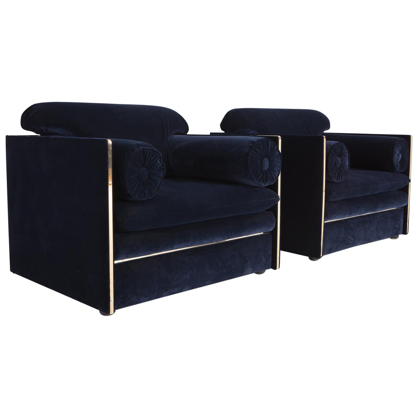 Hollywood regency Armchairs in Dark Blue Velvet and Brass  