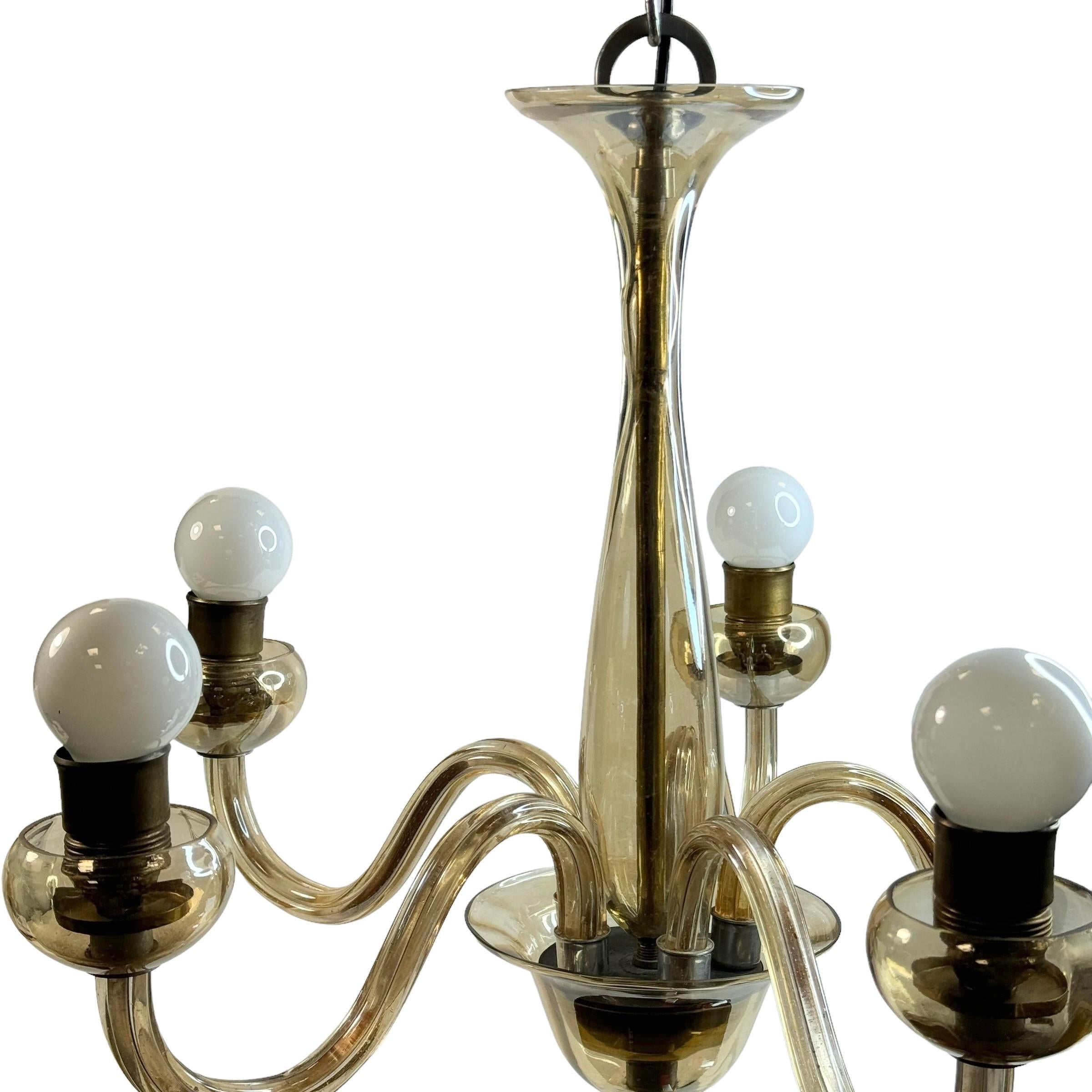 Metà XX secolo Lampadario Hollywood Regency Art Deco in vetro di Murano color ambra, Italia, anni '30 in vendita
