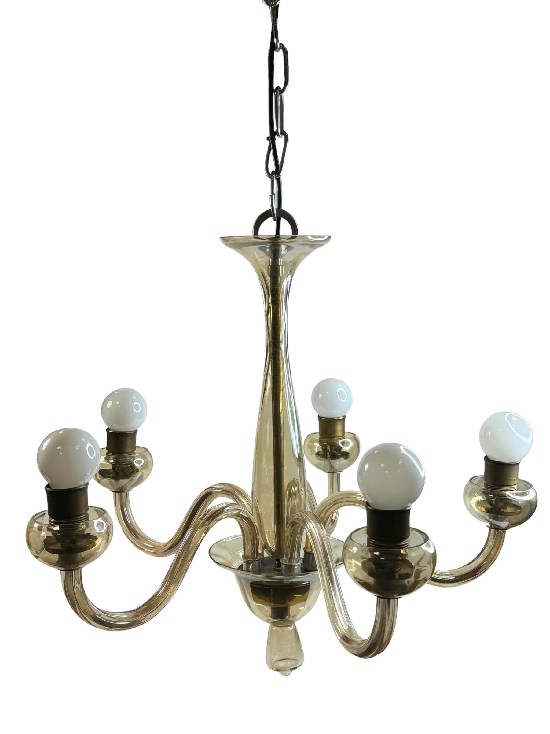 Metallo Lampadario Hollywood Regency Art Deco in vetro di Murano color ambra, Italia, anni '30 in vendita
