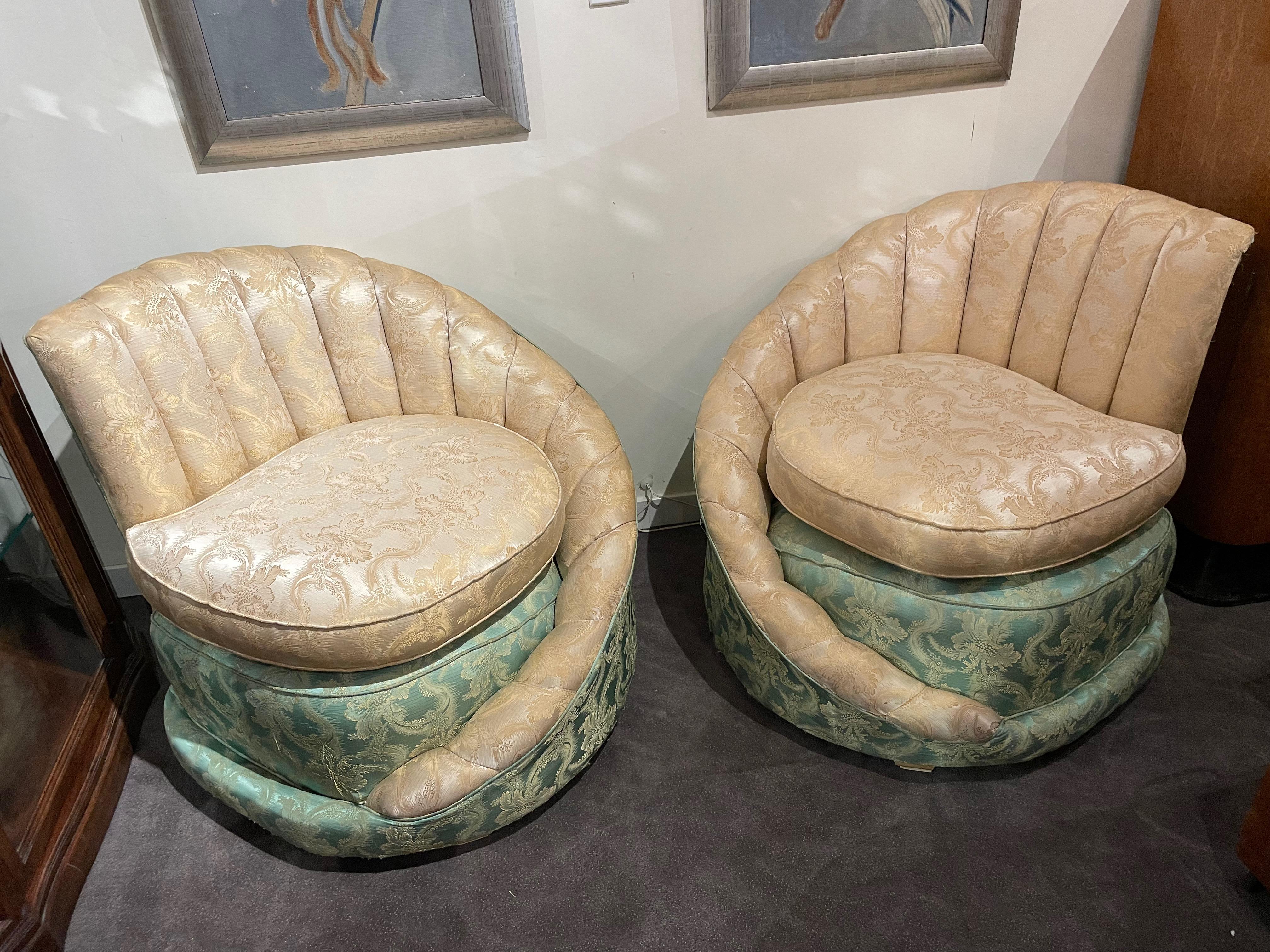 Brocade Hollywood Regency Art Deco Fan Backed Chairs For Sale