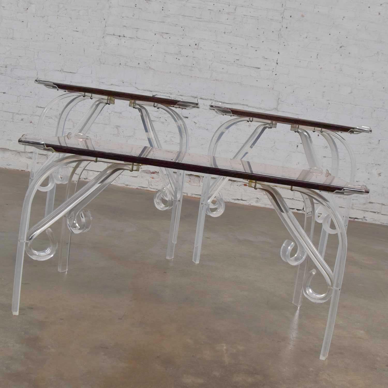Hollywood Regency Art Deco Lucite & Rose Mirrored Tables a Set 1 Coffee & 2 End  For Sale 1
