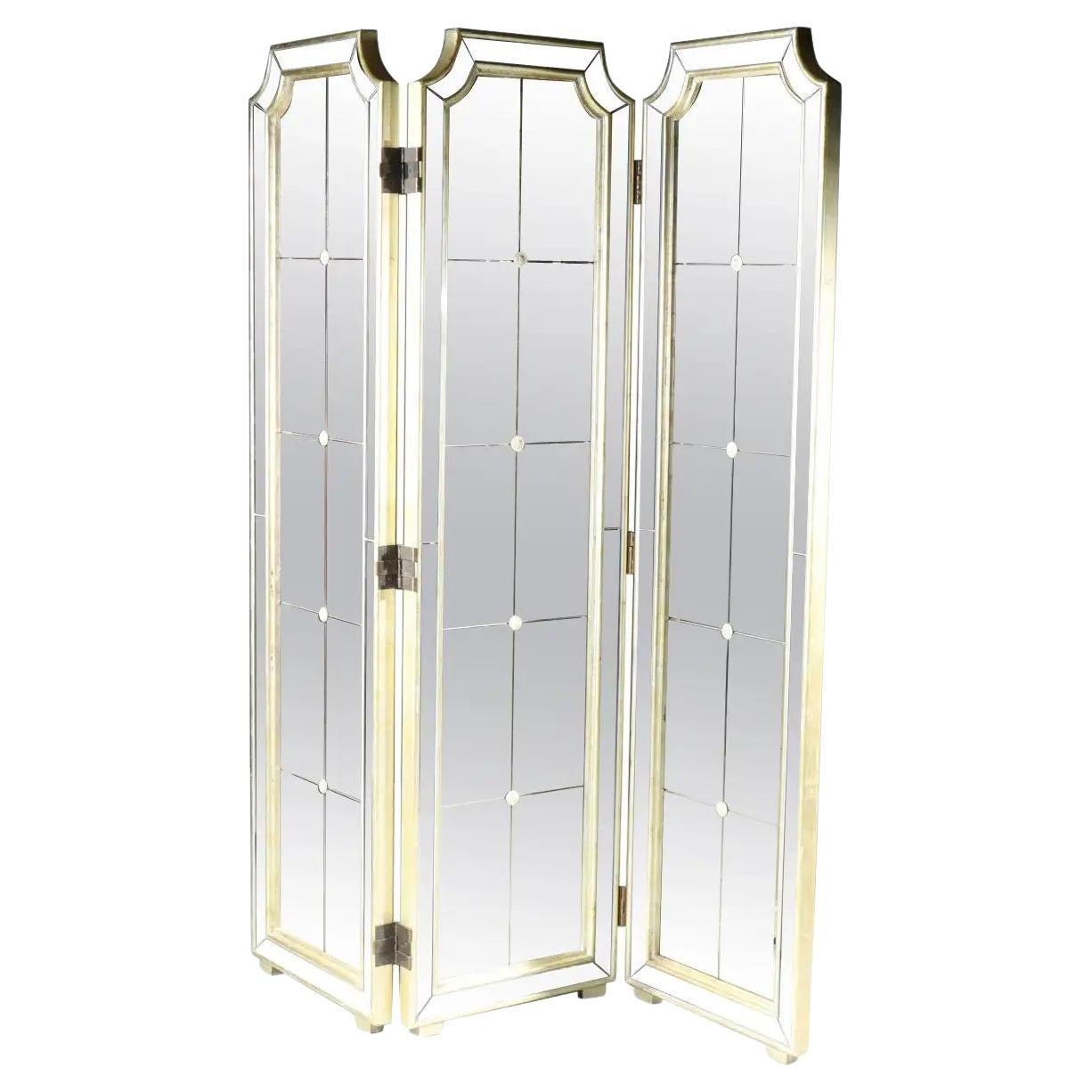 Hollywood Regency Art Deco Mirrored 3 Panel Folding Screen im Angebot