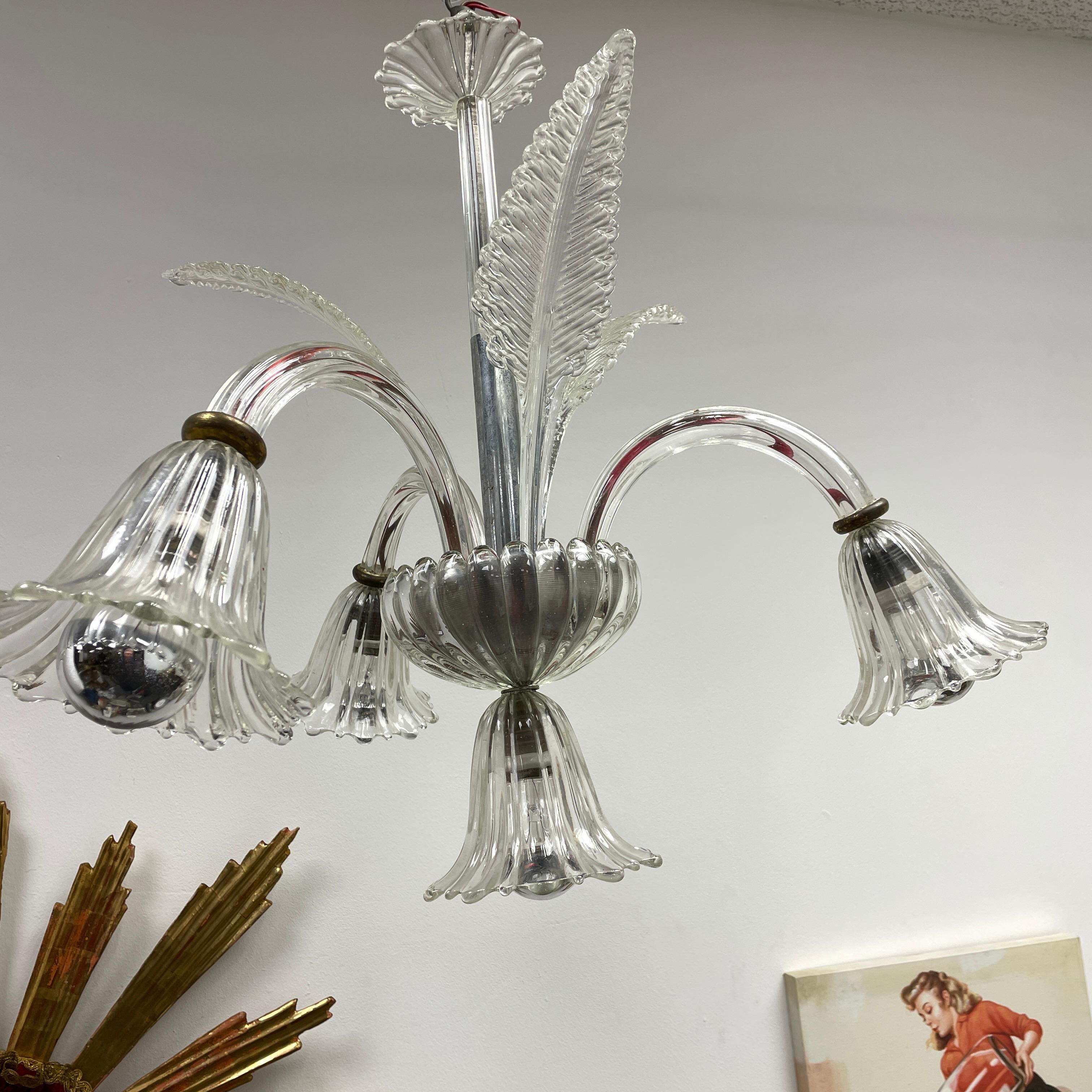 Hollywood Regency Art Deco Murano Glass 3 Arm, 4 Lights Chandelier, Italy, 1940s For Sale 3