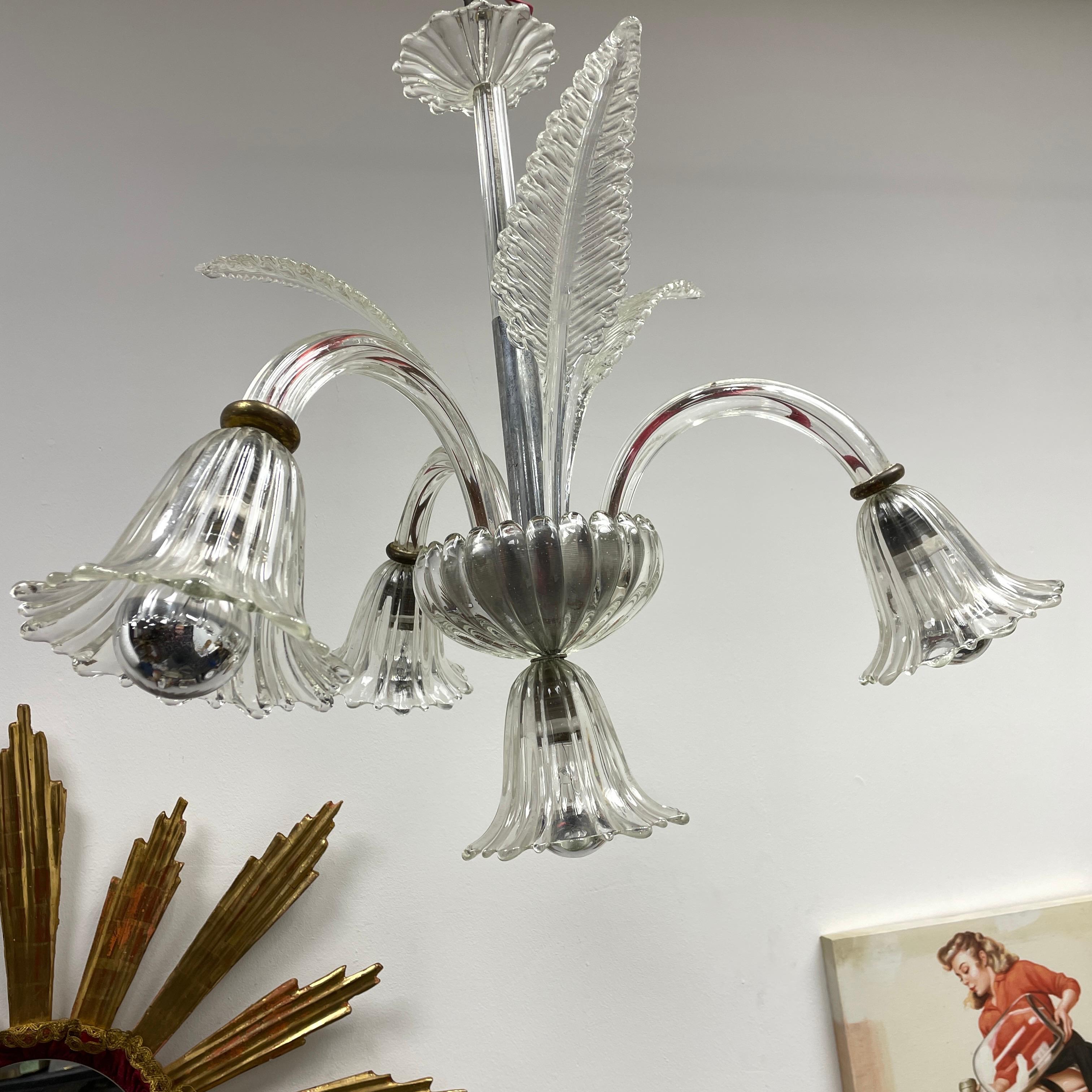 Hollywood Regency Art Deco Murano Glass 3 Arm, 4 Lights Chandelier, Italy, 1940s For Sale 4