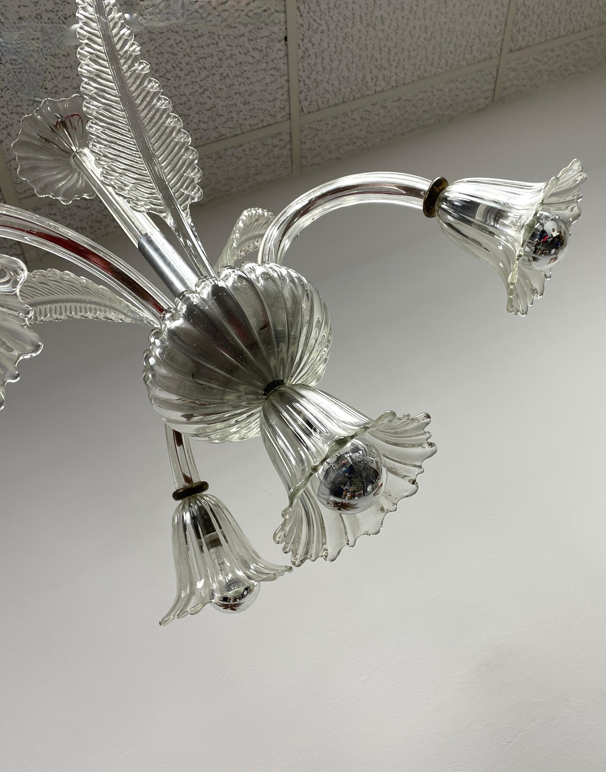 Hollywood Regency Art Deco Murano Glass 3 Arm, 4 Lights Chandelier, Italy, 1940s For Sale 5