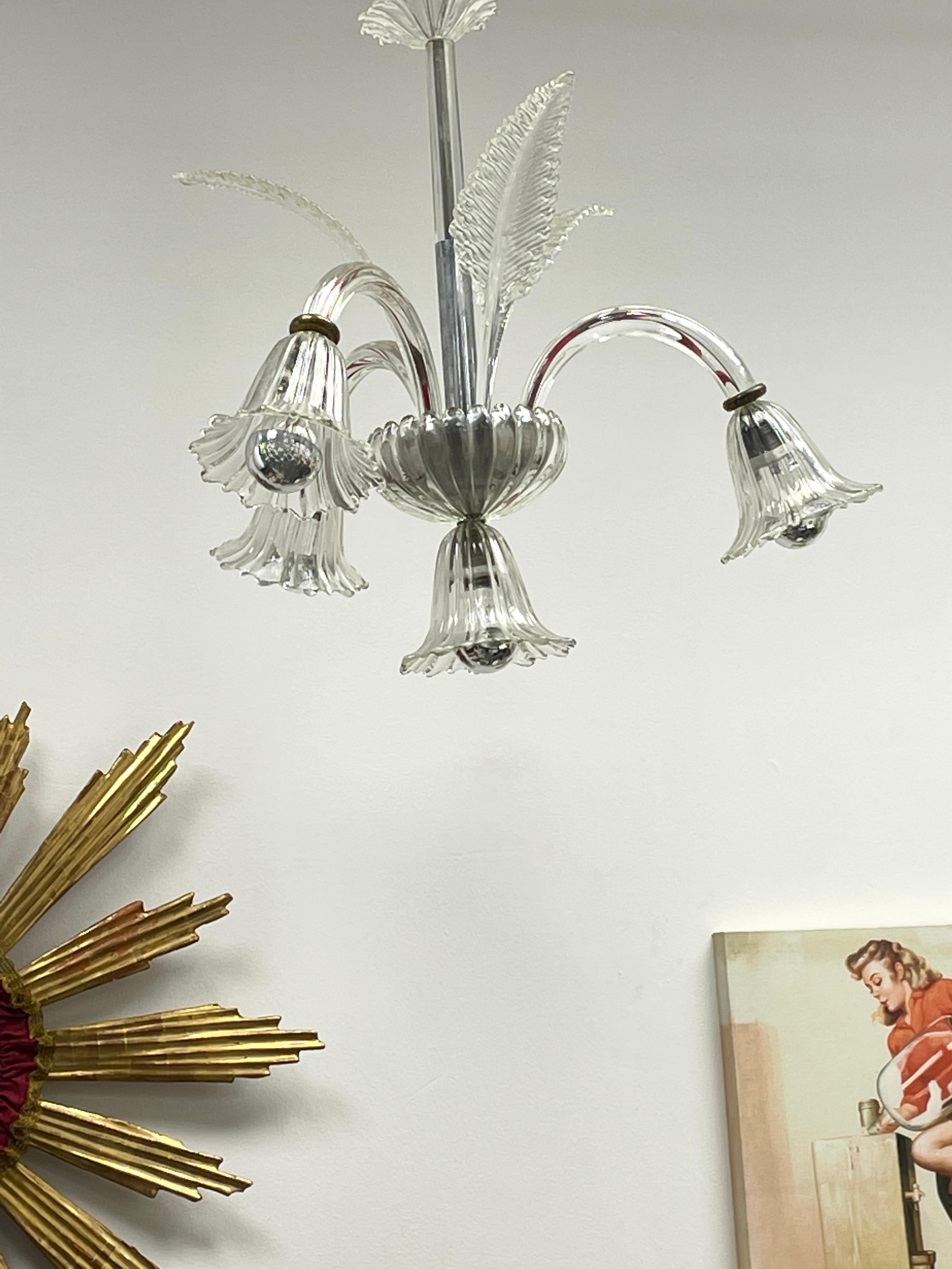 Hollywood Regency Art Deco Murano Glass 3 Arm, 4 Lights Chandelier, Italy, 1940s For Sale 6