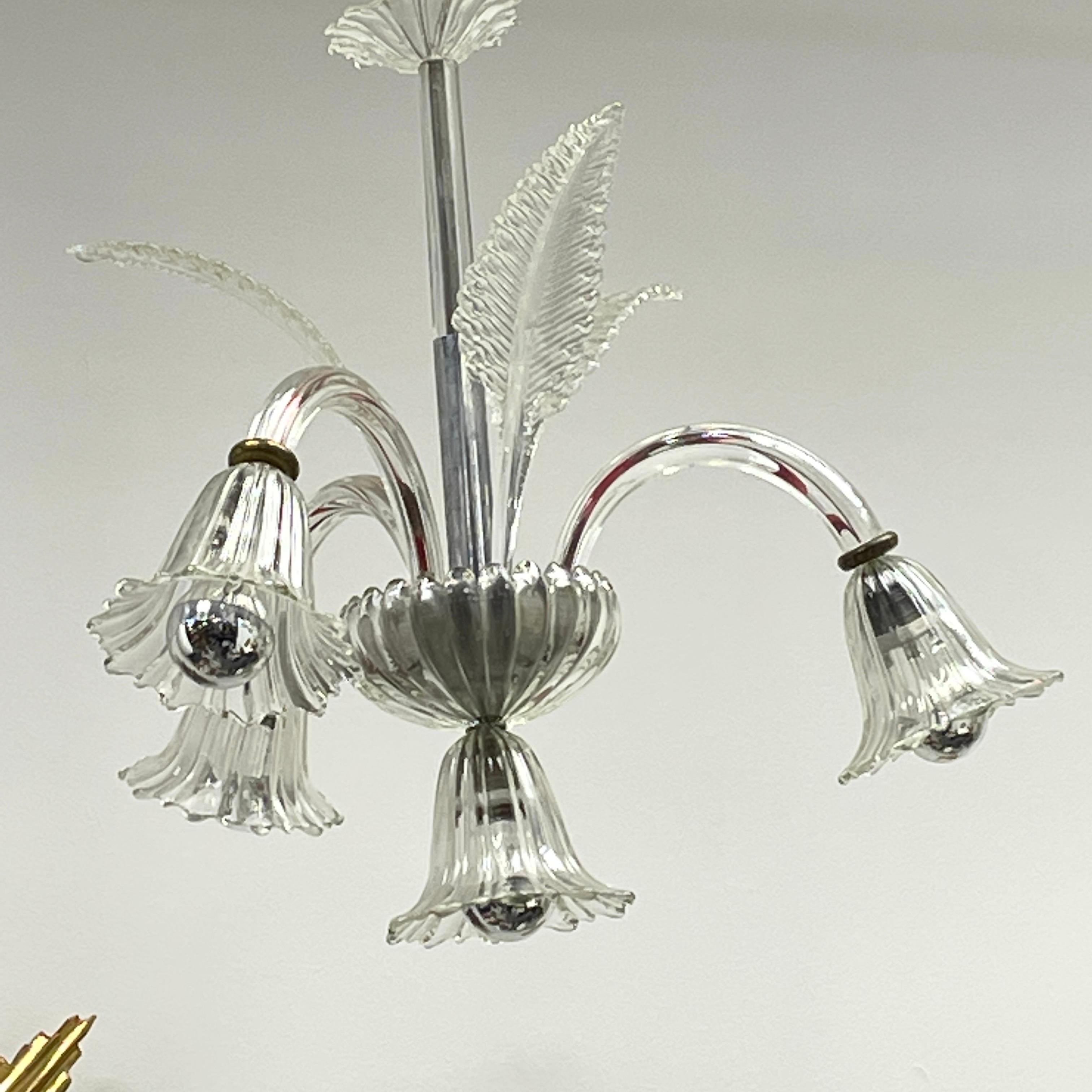 Hollywood Regency Art Deco Murano Glass 3 Arm, 4 Lights Chandelier, Italy, 1940s For Sale 7