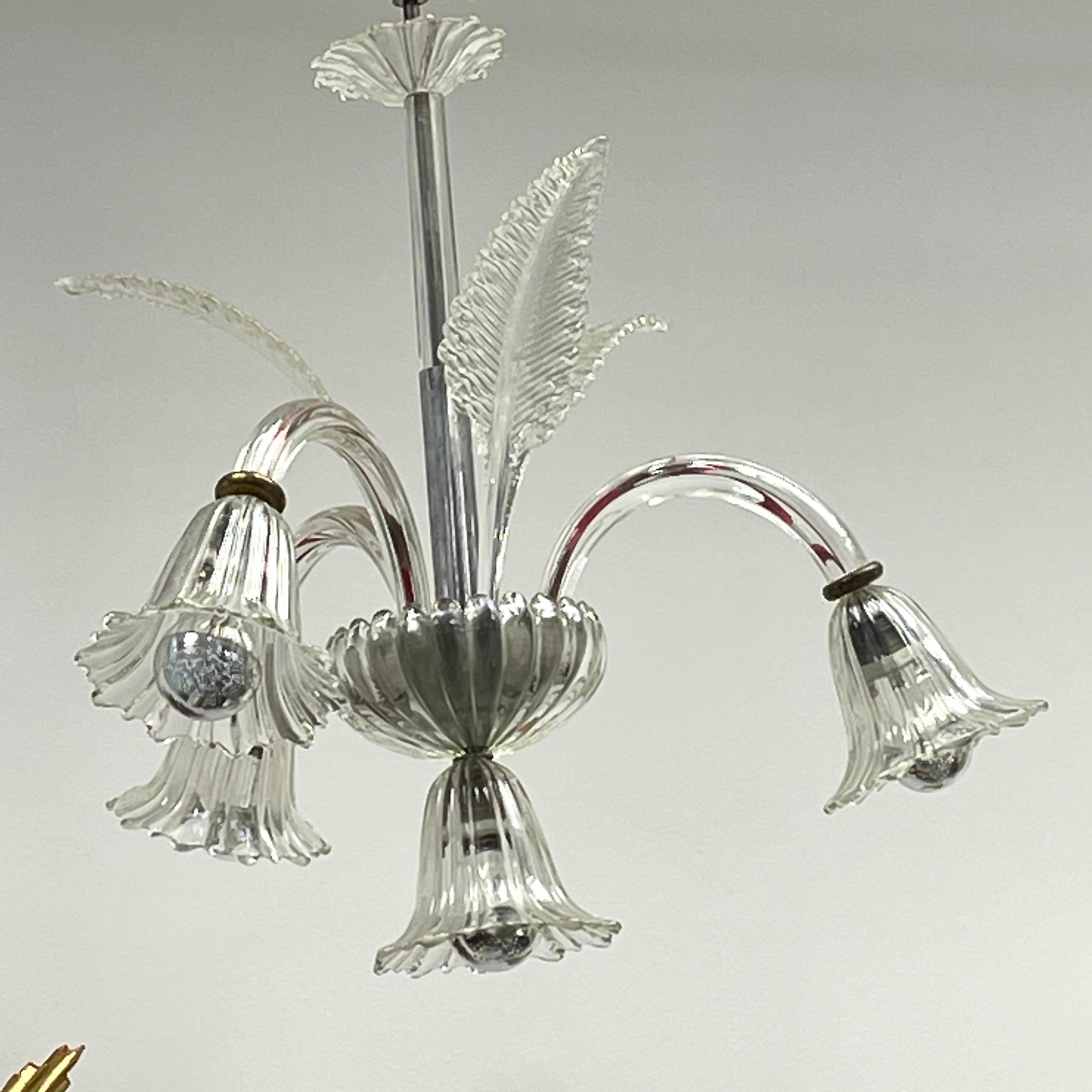 Hollywood Regency Art Deco Murano Glass 3 Arm, 4 Lights Chandelier, Italy, 1940s For Sale 8