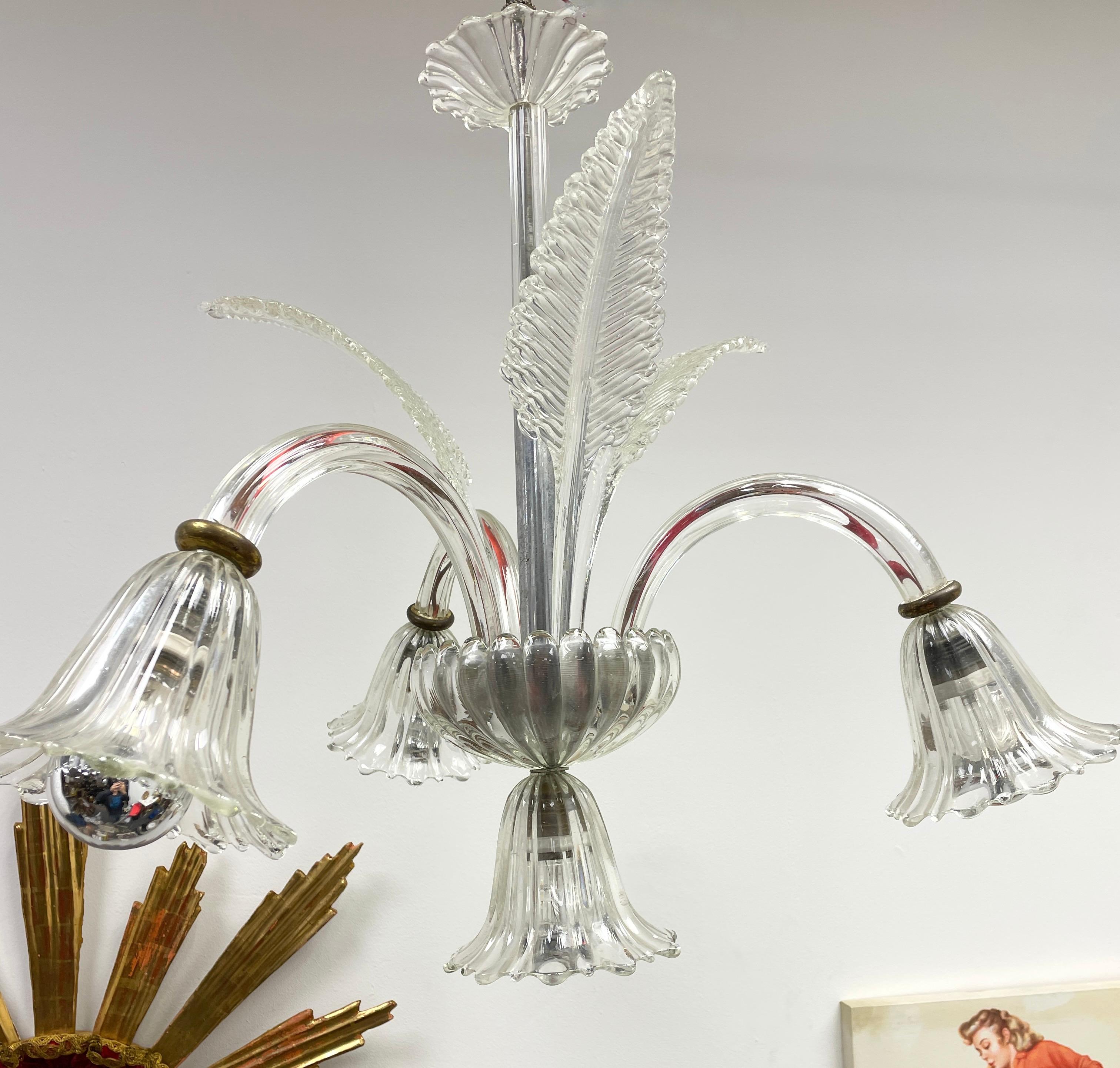 Mid-Century Modern Hollywood Regency Art Deco Murano Glass 3 Arm, 4 Lights Chandelier, Italy, 1940s For Sale