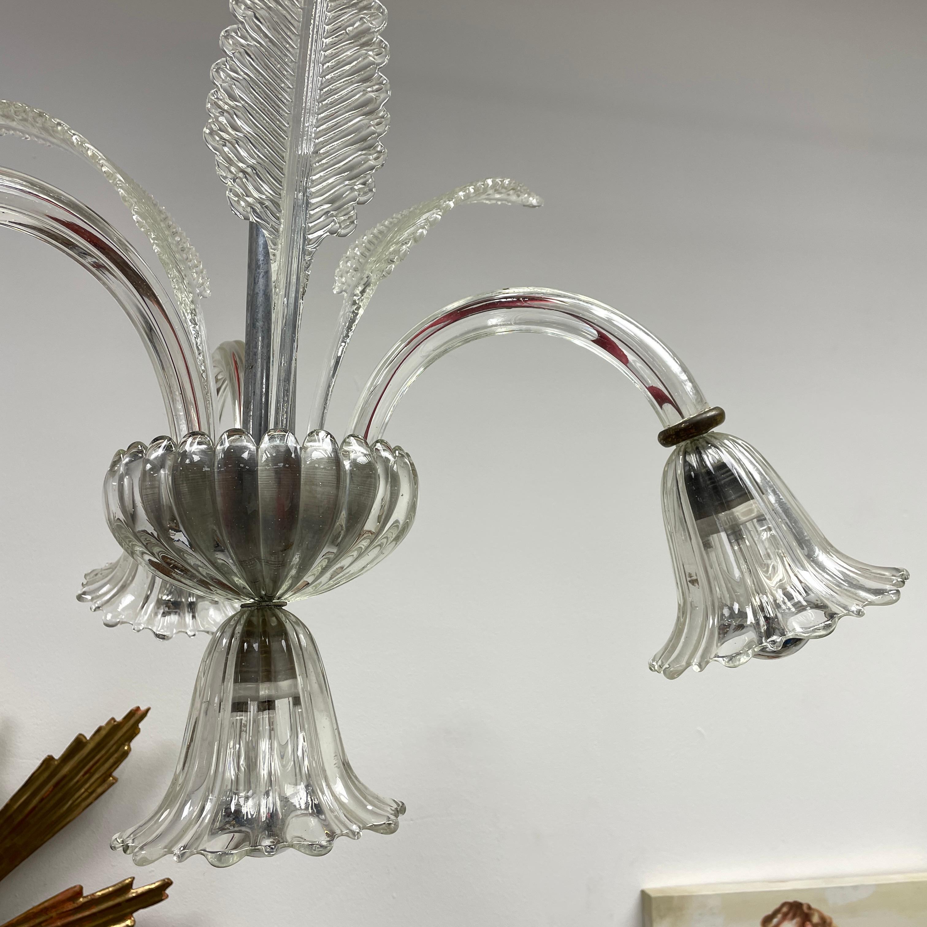 Mid-20th Century Hollywood Regency Art Deco Murano Glass 3 Arm, 4 Lights Chandelier, Italy, 1940s For Sale