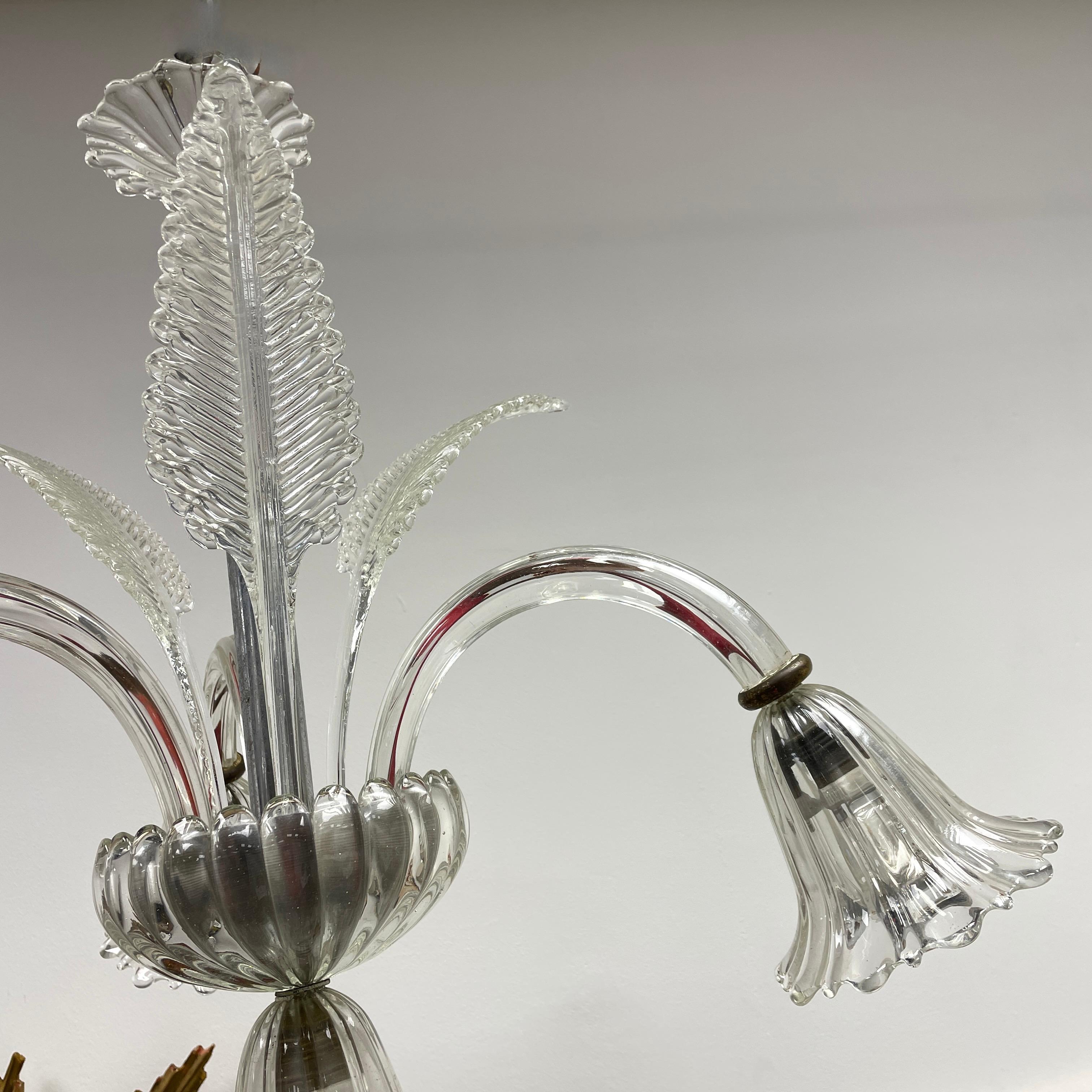 Metal Hollywood Regency Art Deco Murano Glass 3 Arm, 4 Lights Chandelier, Italy, 1940s For Sale