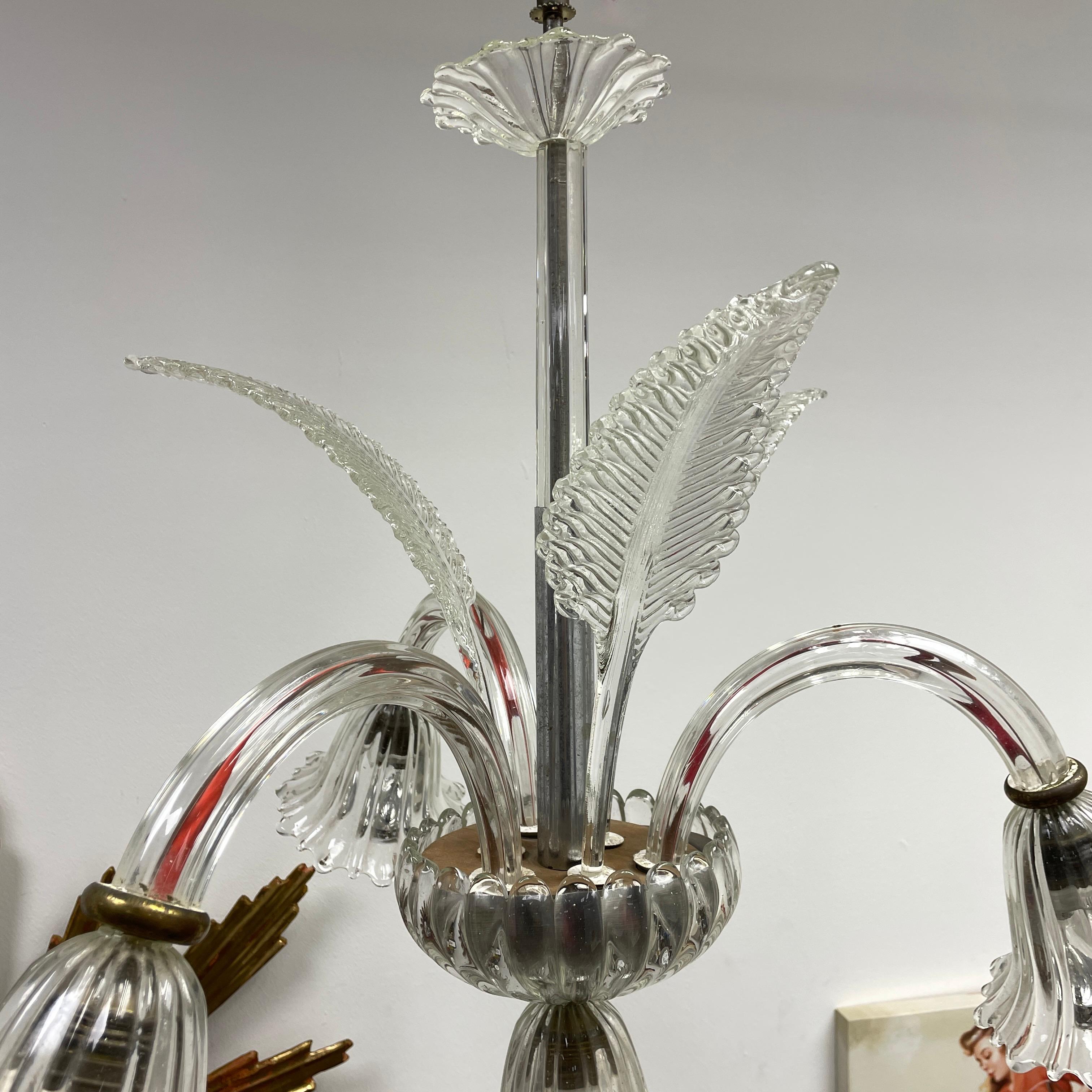Hollywood Regency Art Deco Murano Glass 3 Arm, 4 Lights Chandelier, Italy, 1940s For Sale 1