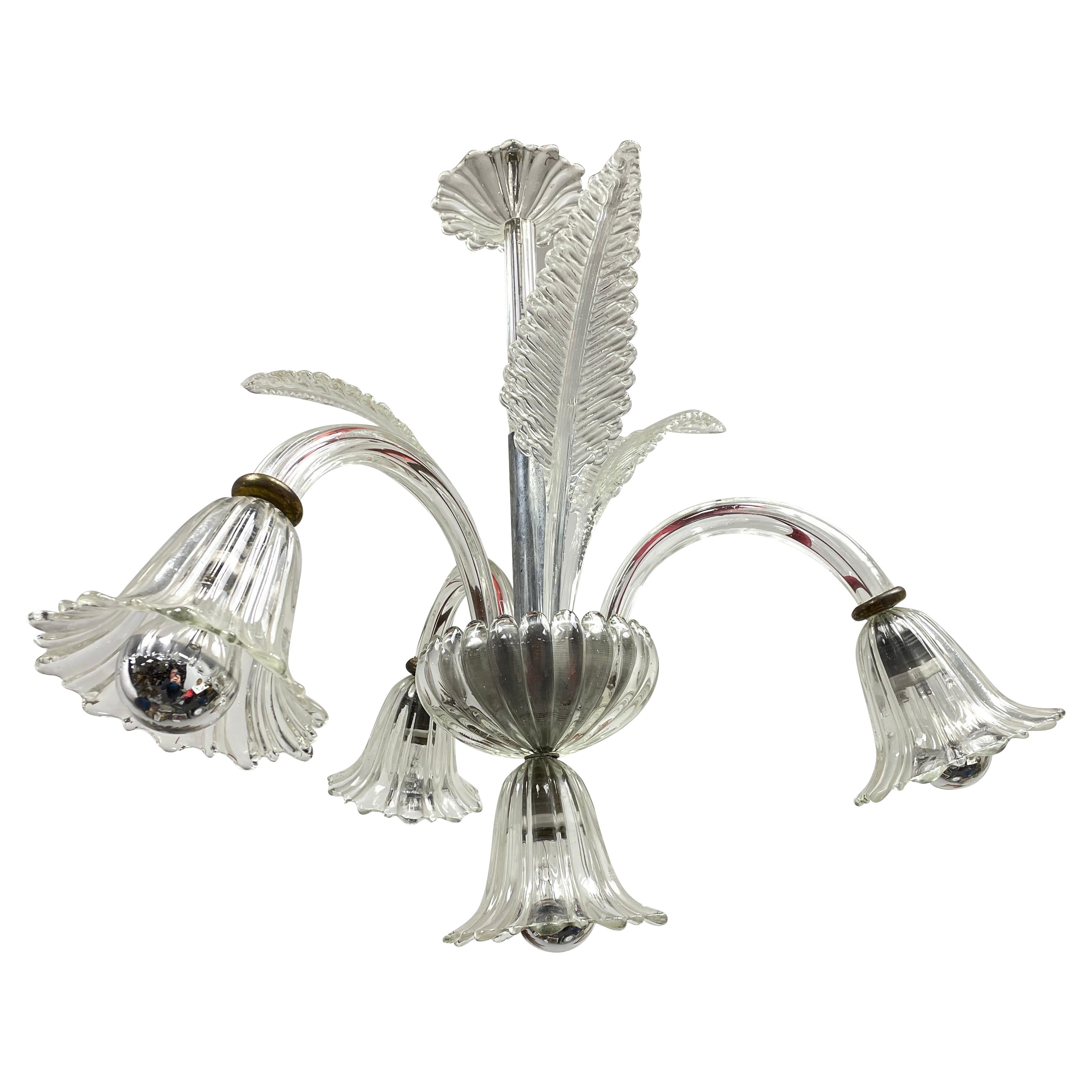 Lampadario a 3 bracci e 4 luci in vetro di Murano Art Deco Hollywood Regency, Italia, anni '40 in vendita