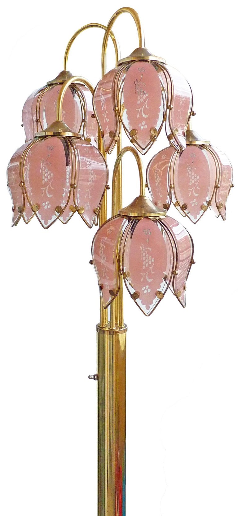 Italian Modernist Hollywood Regency Tree Floor Lamp w Murano Pink Glass Flower Bouquet For Sale