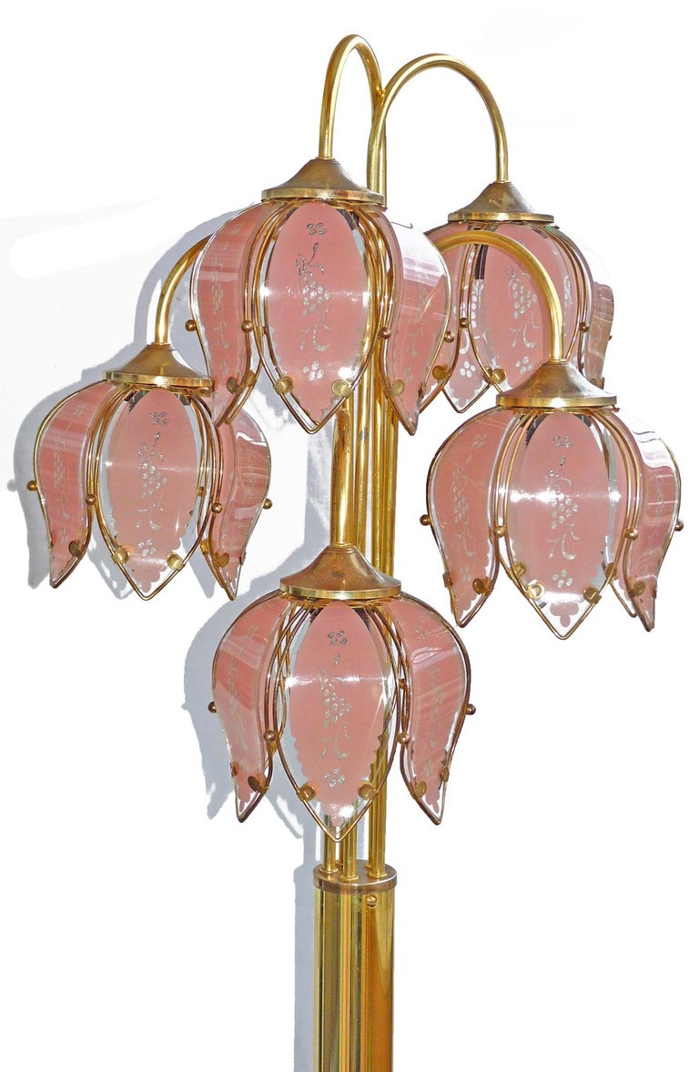 Etched Modernist Hollywood Regency Tree Floor Lamp w Murano Pink Glass Flower Bouquet For Sale