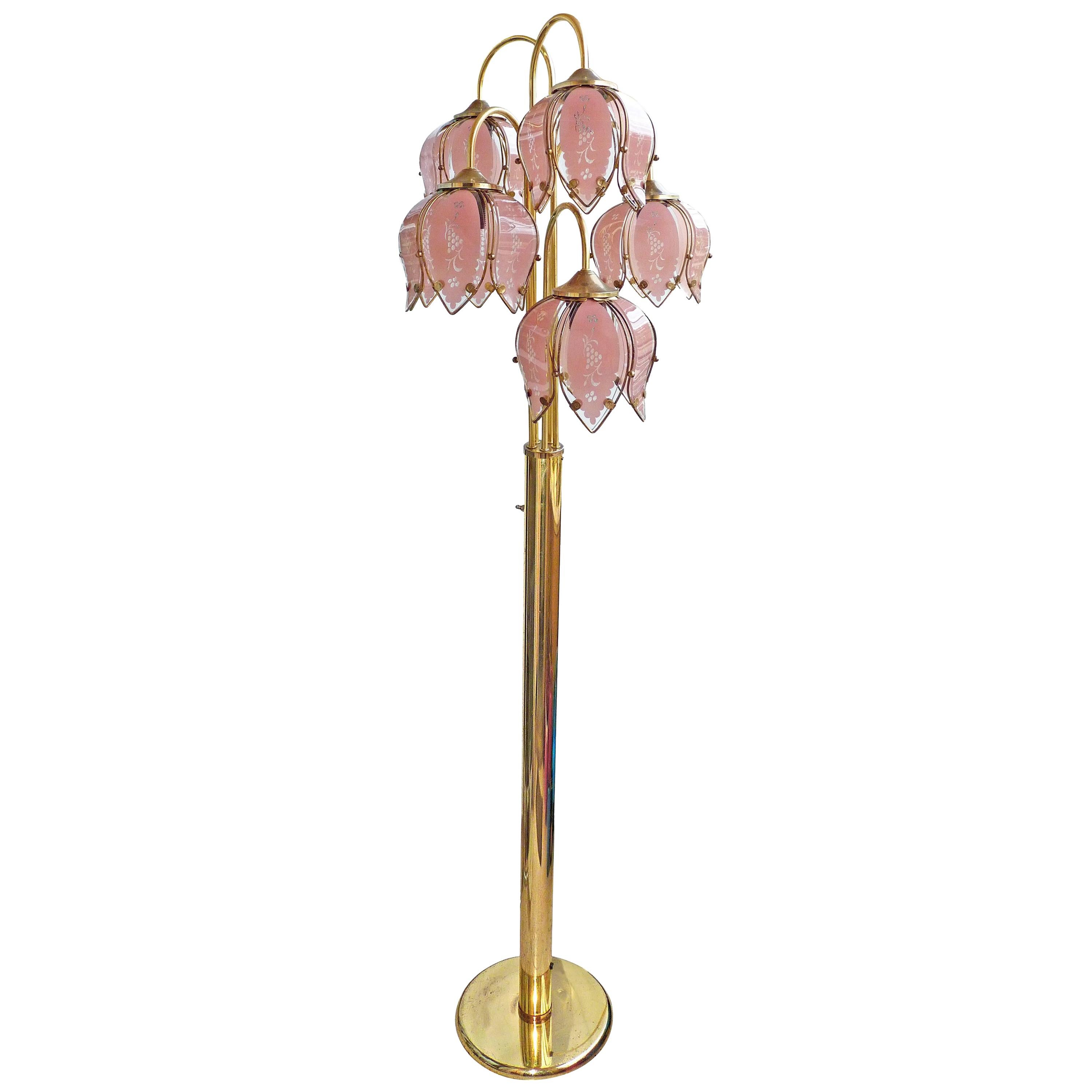 Modernist Hollywood Regency Tree Floor Lamp w Murano Pink Glass Flower Bouquet