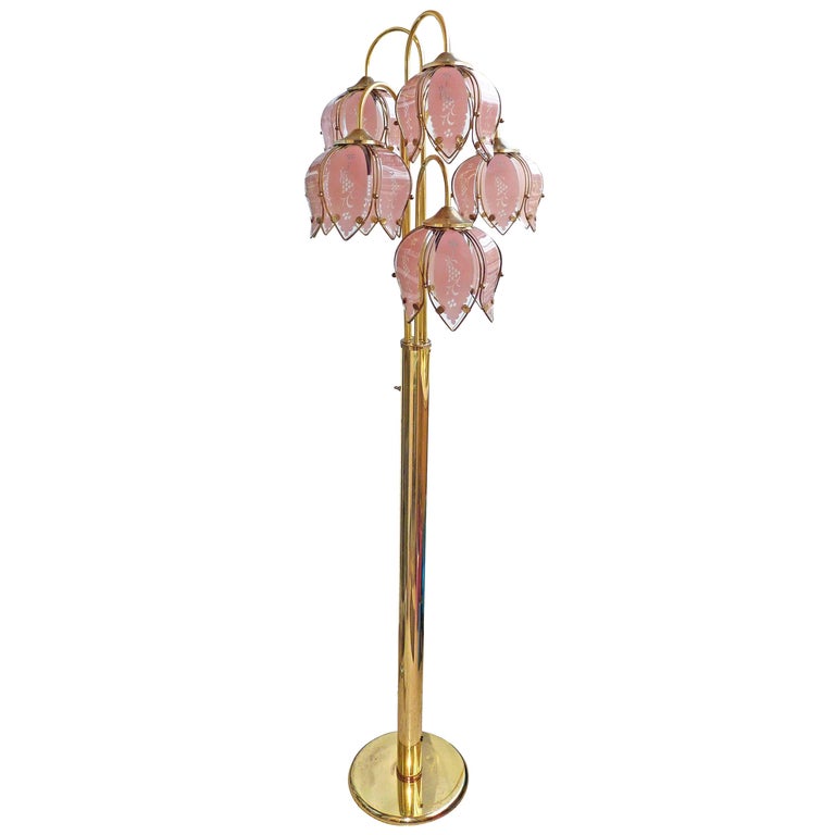 Modernist Hollywood Regency Tree Floor Lamp w Murano Pink Glass Flower Bouquet For Sale