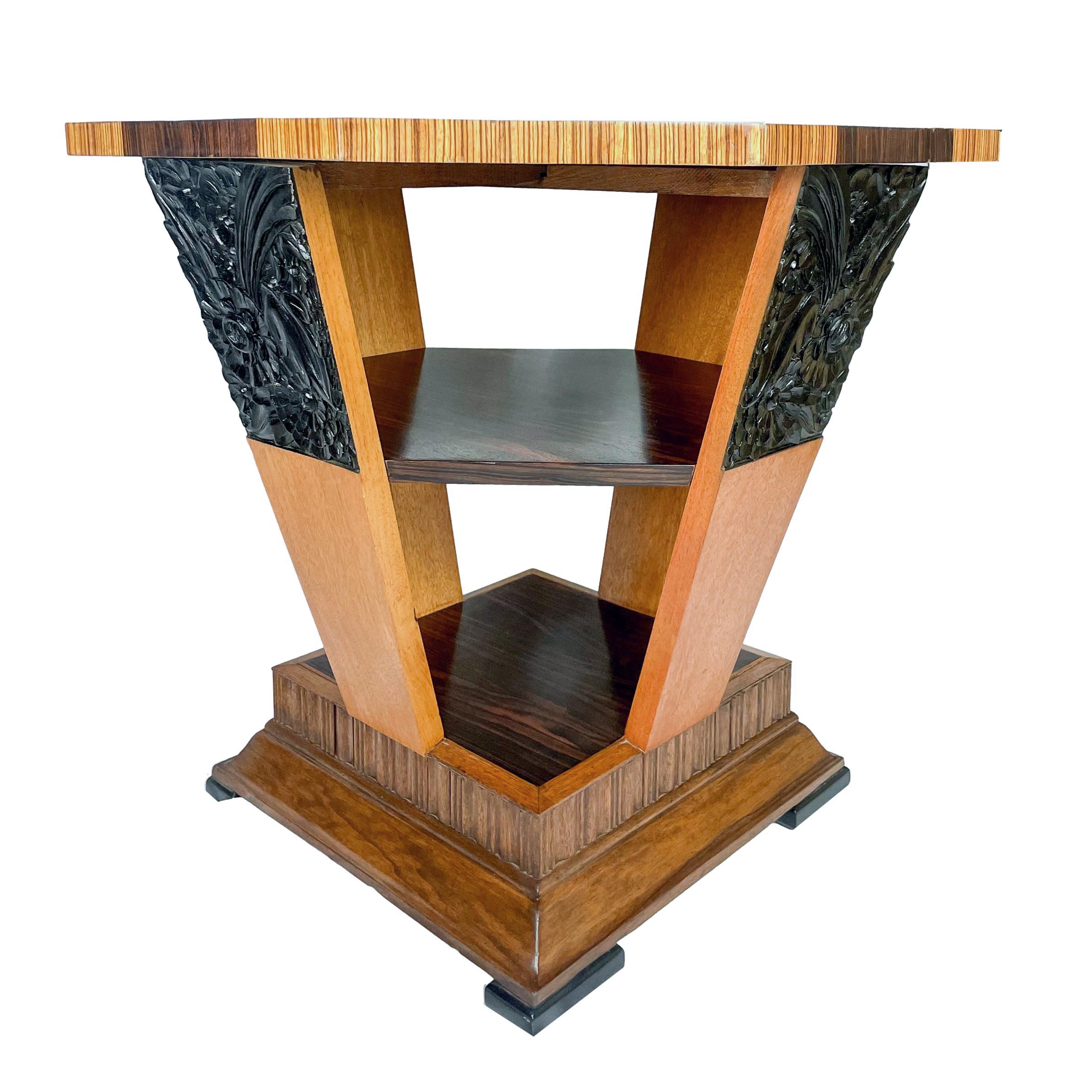 French Hollywood Regency Art Deco Rosewood and Macassar Octagonal Center Table, c. 1930