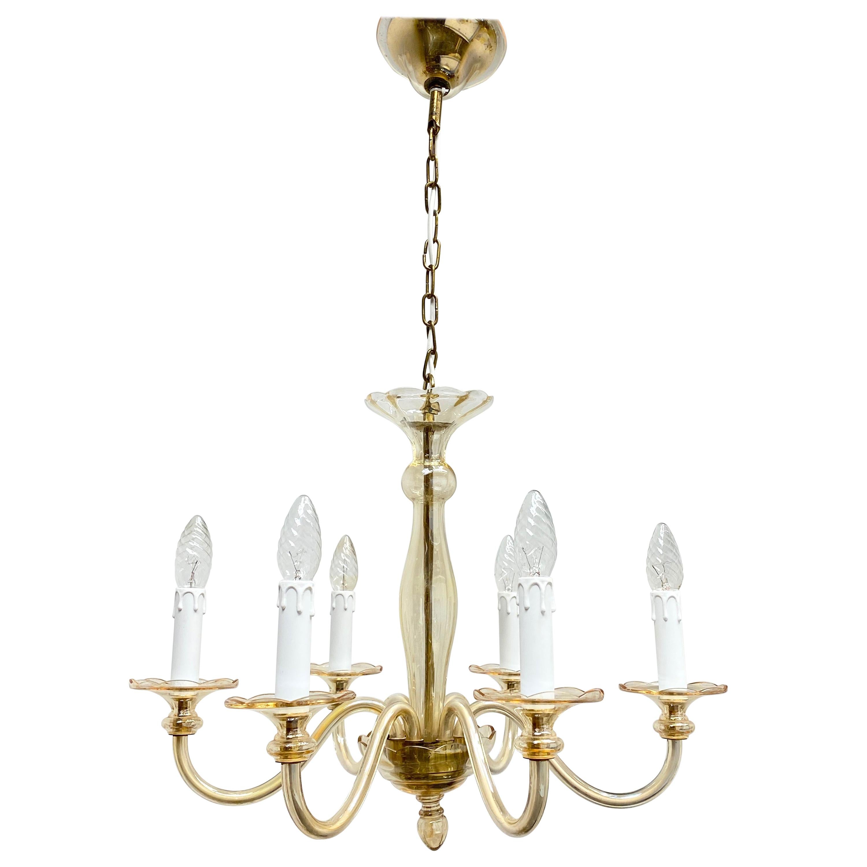 Hollywood Regency Art Deco Style Amber Murano Glass Chandelier, Italy, 1960s