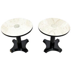 Hollywood Regency Art Deco Style Pair of Round Travertine Side Tables, 1980s