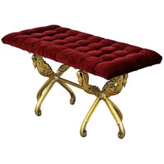 Hollywood Regency Art Deco Style Velvet Gold Gilt Base Bench Seat