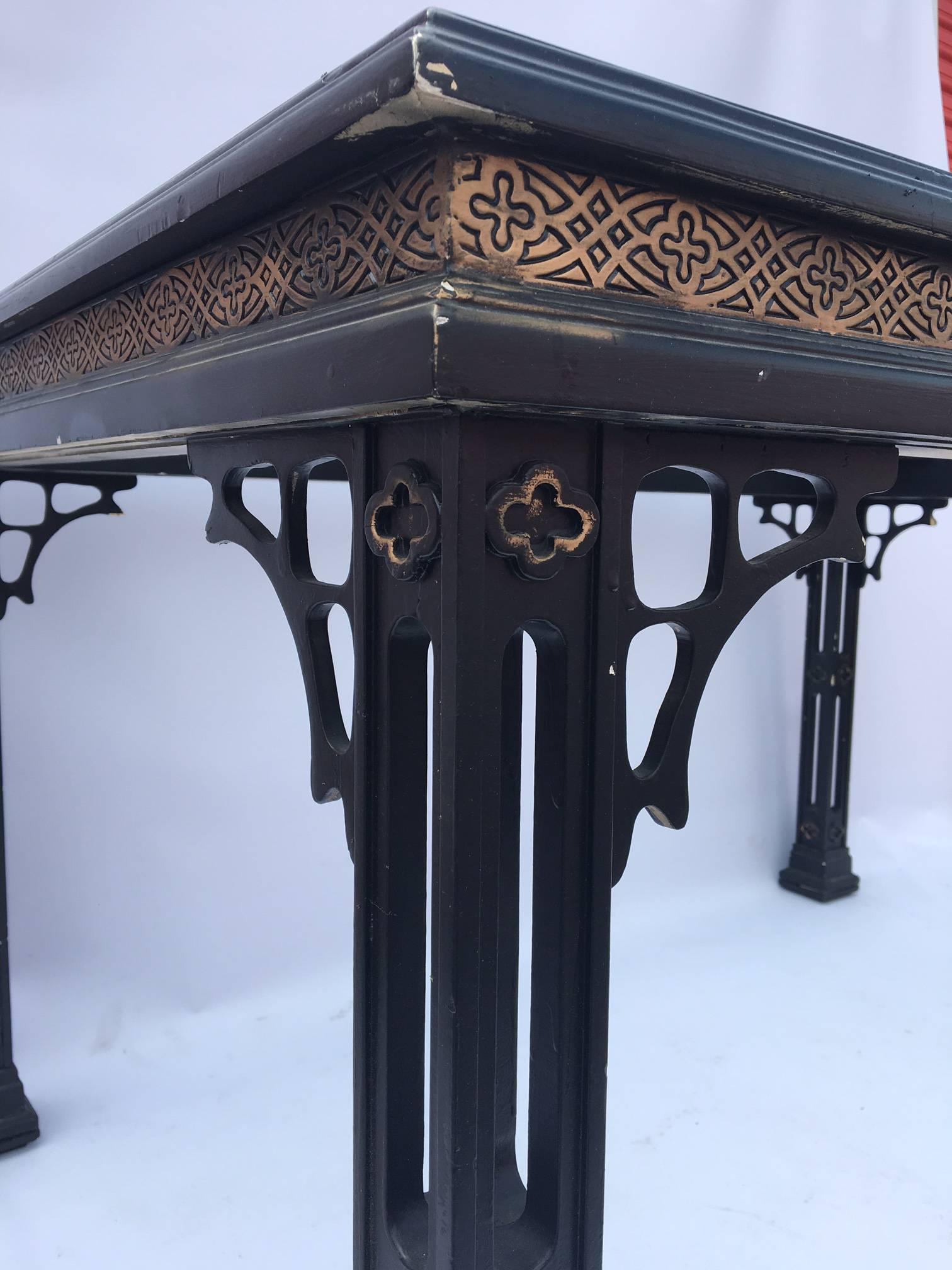 Chinese Chippendale Hollywood Regency Asian Chinoiserie Fretwork Black Dining Table