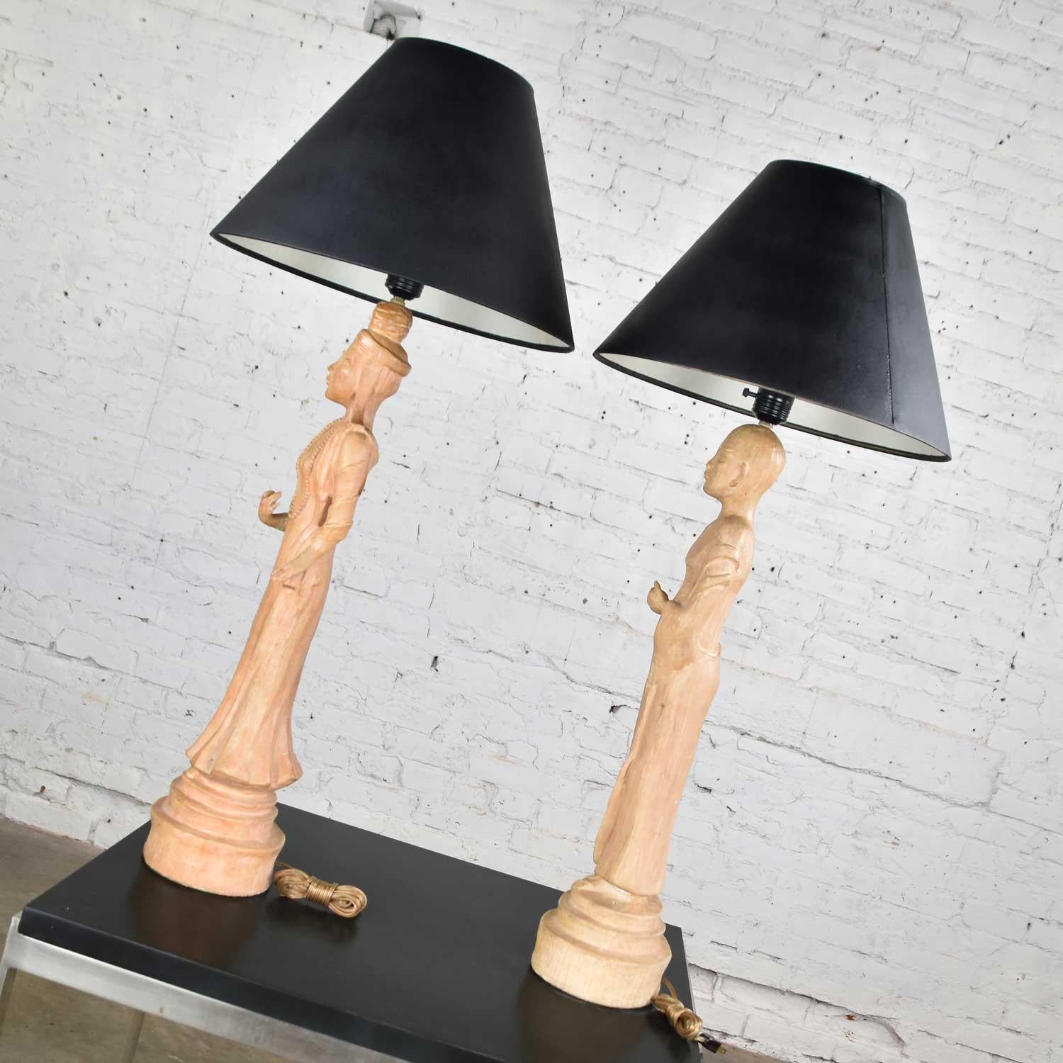 Hollywood Regency Asian Figural Lamps Style of James Mont w/ Black Tapered Shade For Sale 4
