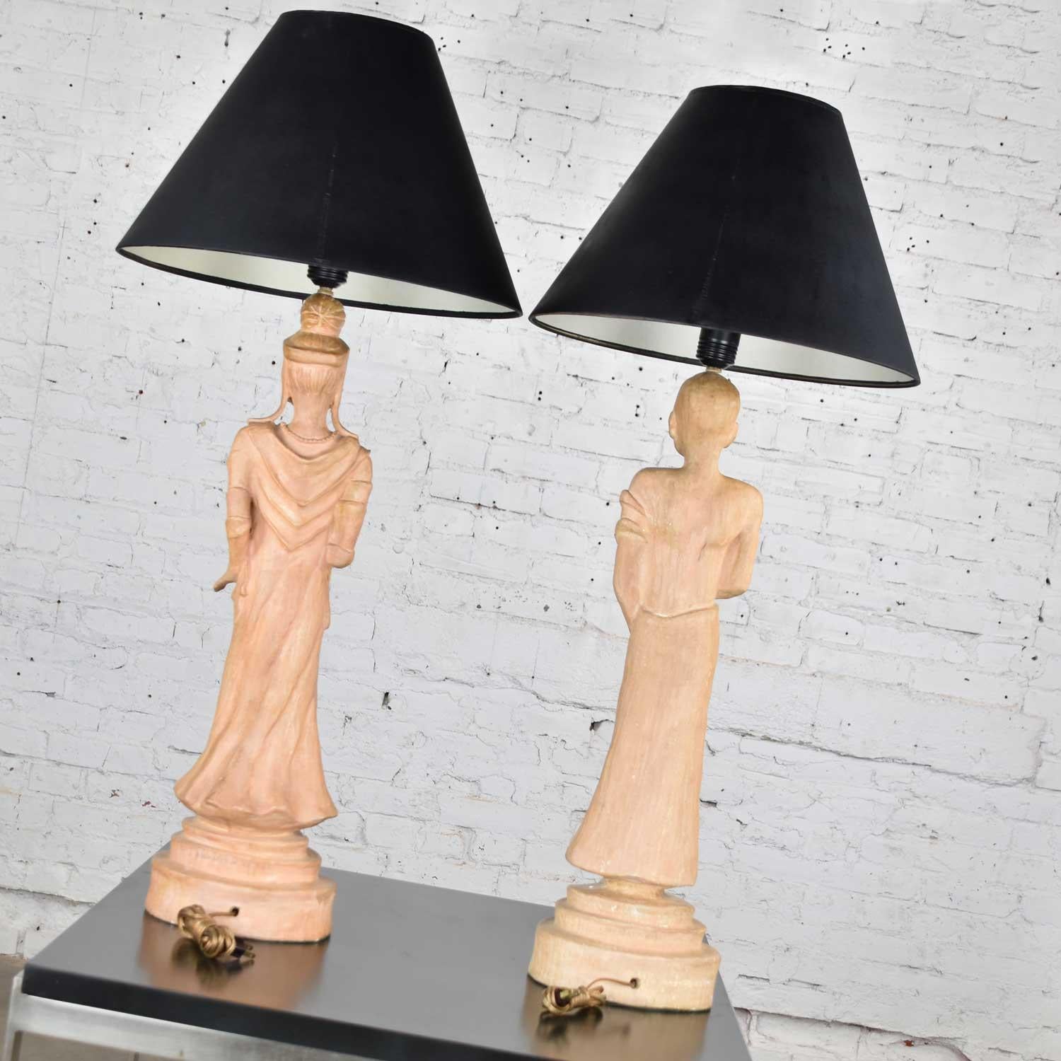 Hollywood Regency Asian Figural Lamps Style of James Mont w/ Black Tapered Shade For Sale 5