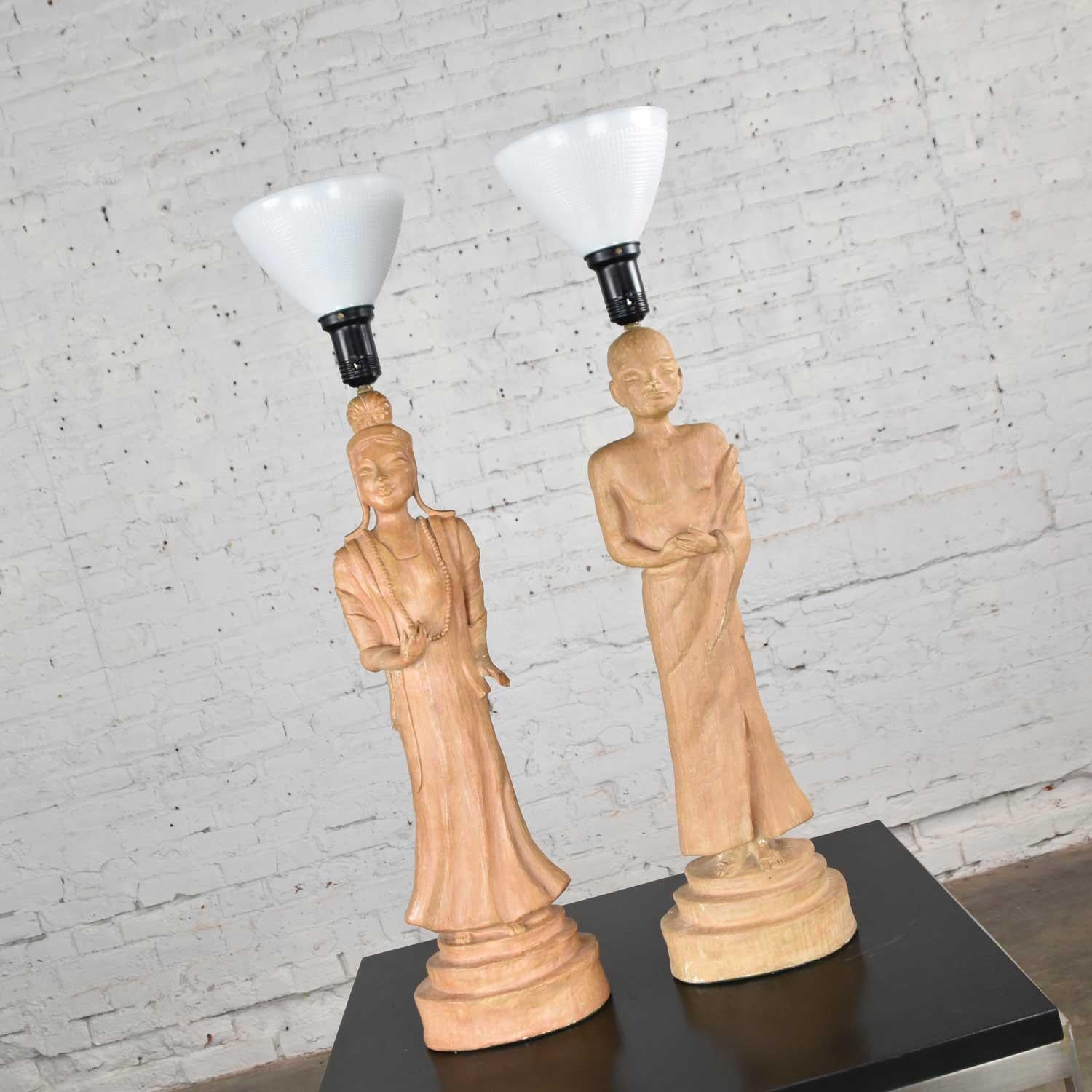 Unknown Hollywood Regency Asian Figural Lamps Style of James Mont w/ Black Tapered Shade For Sale