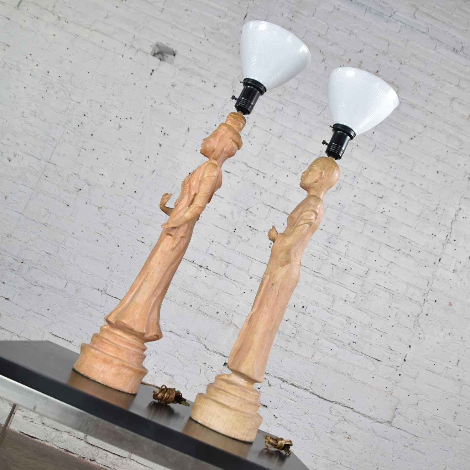 20th Century Hollywood Regency Asian Figural Lamps Style of James Mont w/ Black Tapered Shade For Sale