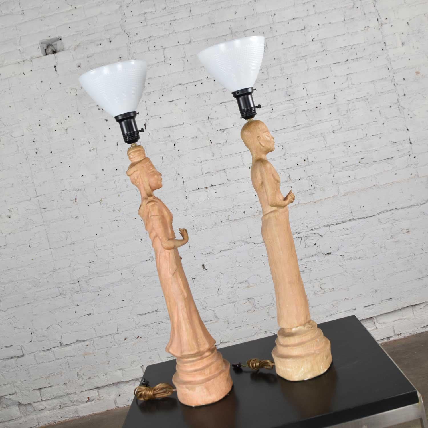 Brass Hollywood Regency Asian Figural Lamps Style of James Mont w/ Black Tapered Shade For Sale