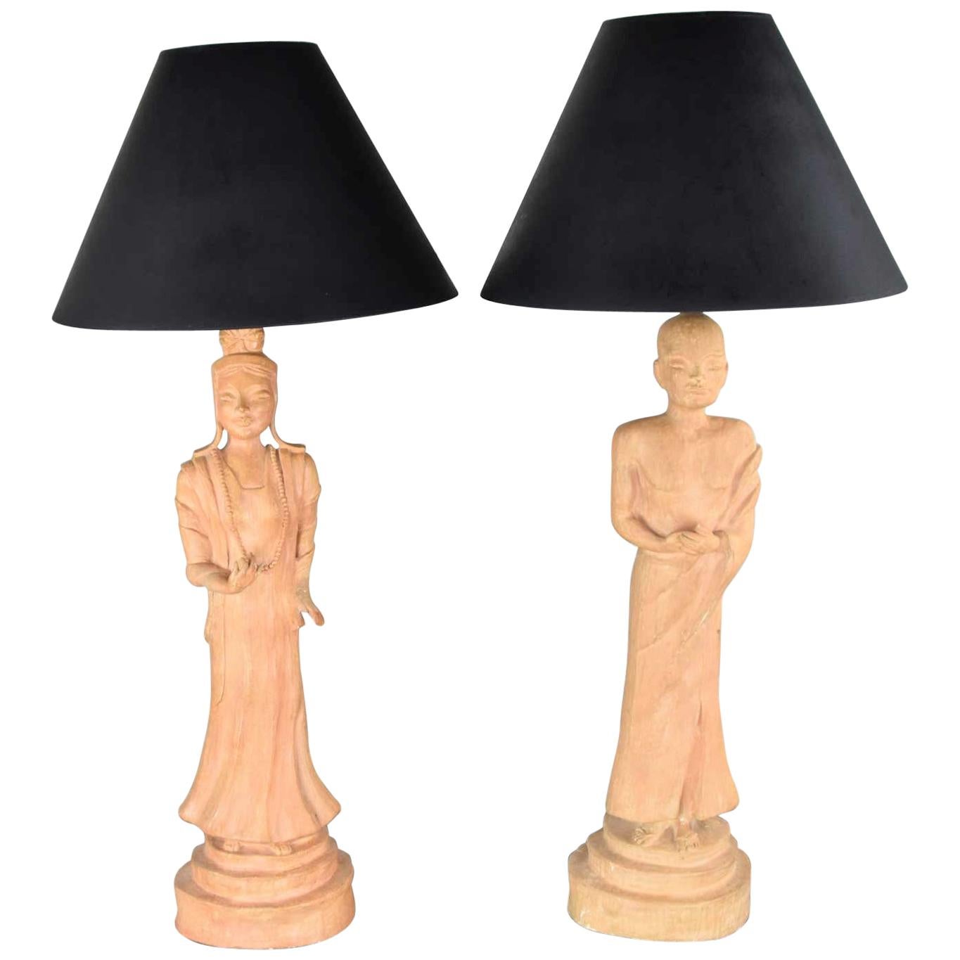 Hollywood Regency Asian Figural Lamps Style of James Mont w/ Black Tapered Shade For Sale