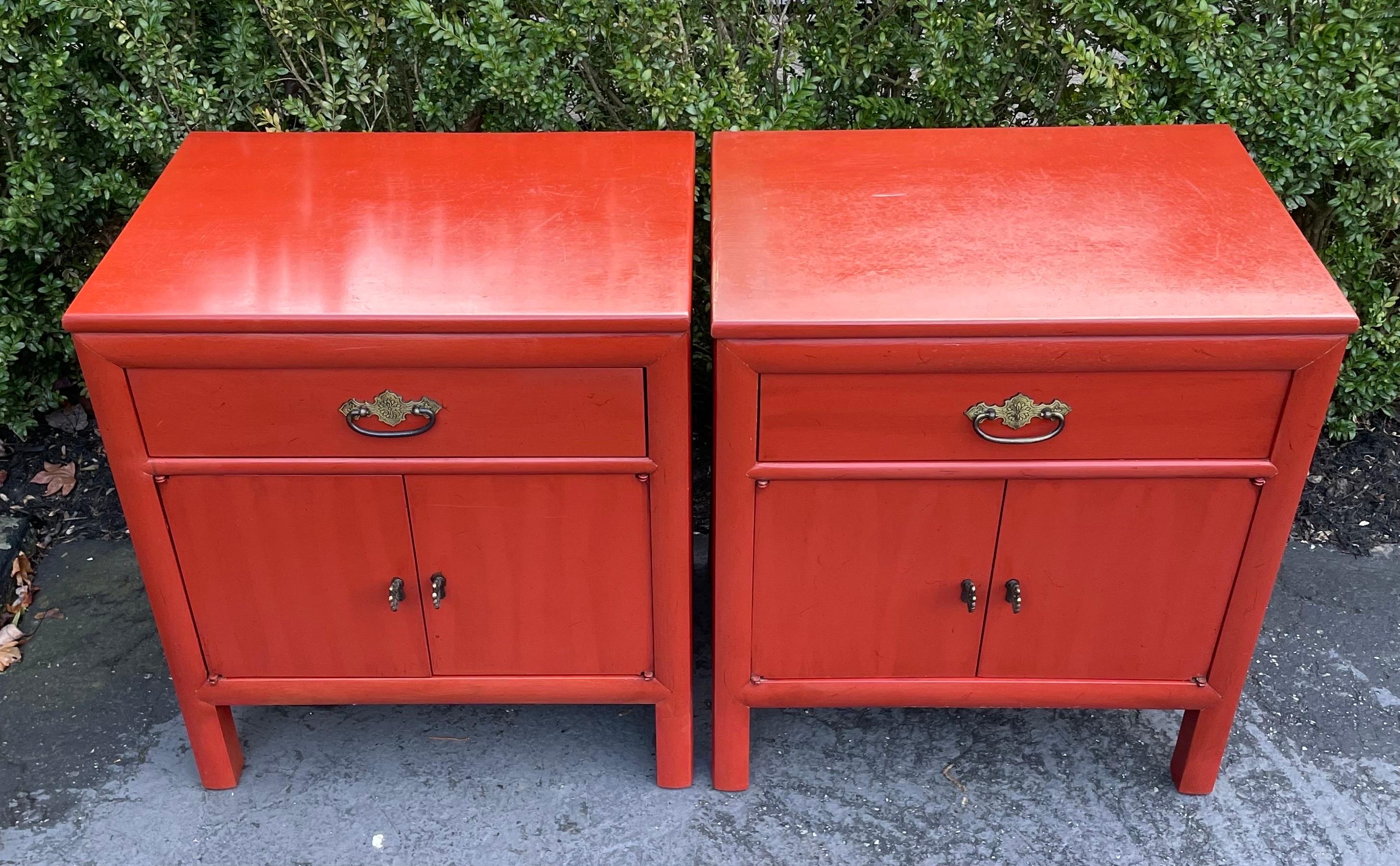 Very cool Hollywood Regency Asian inspired side tables or nightstands by Century Furniture.  Paprika color with great patina and age.