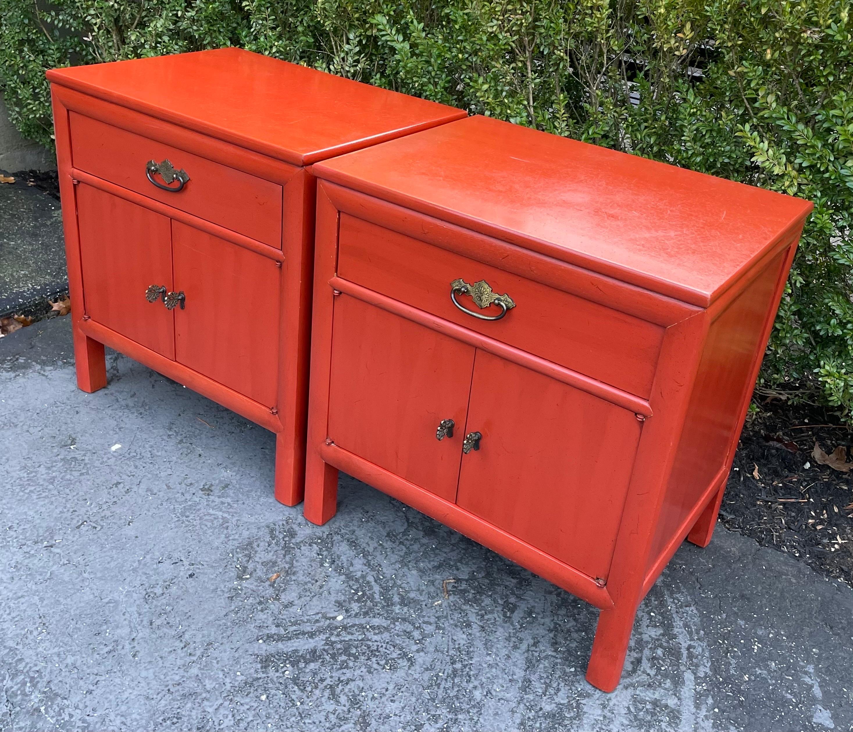 American Nightstands or Side Tables Hollywood Regency Asian Inspired Paprika Colored For Sale
