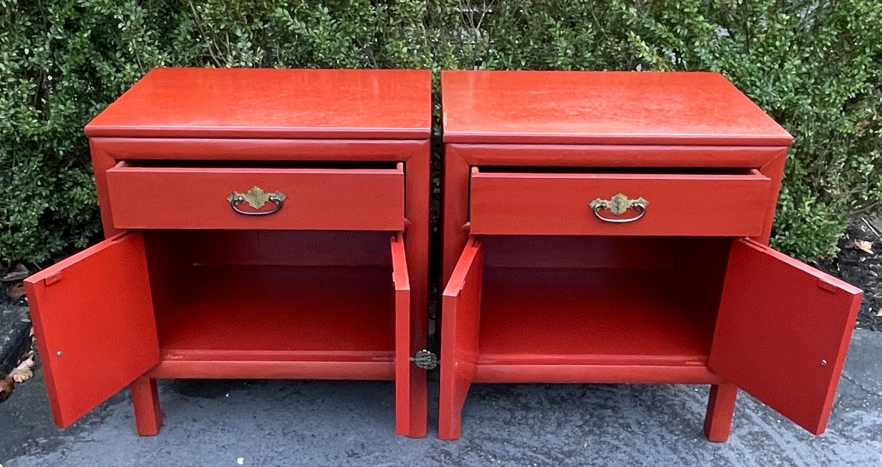 Painted Nightstands or Side Tables Hollywood Regency Asian Inspired Paprika Colored For Sale