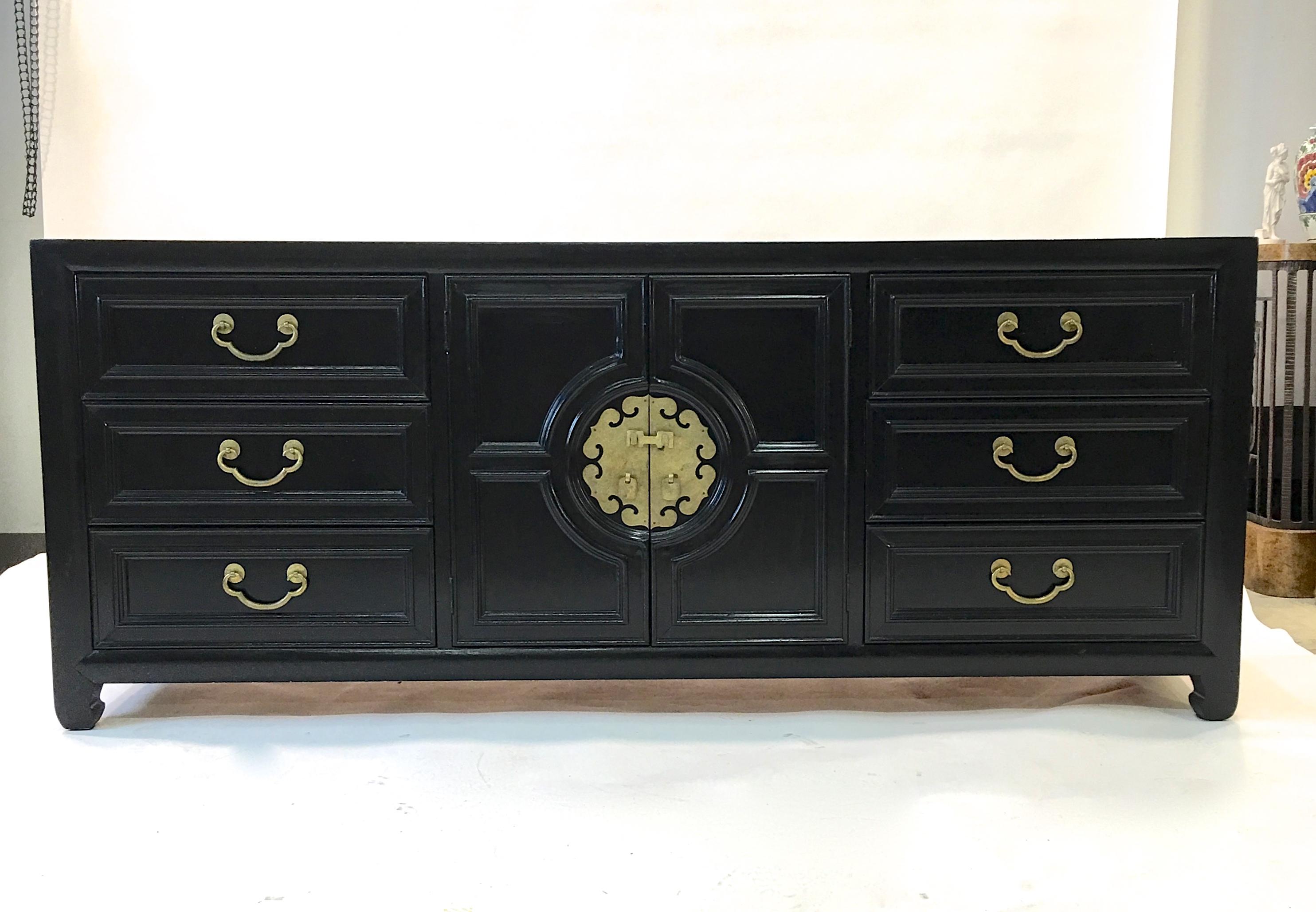 American Hollywood Regency Asian Modern Motif Long Low Chest by Century Furniture