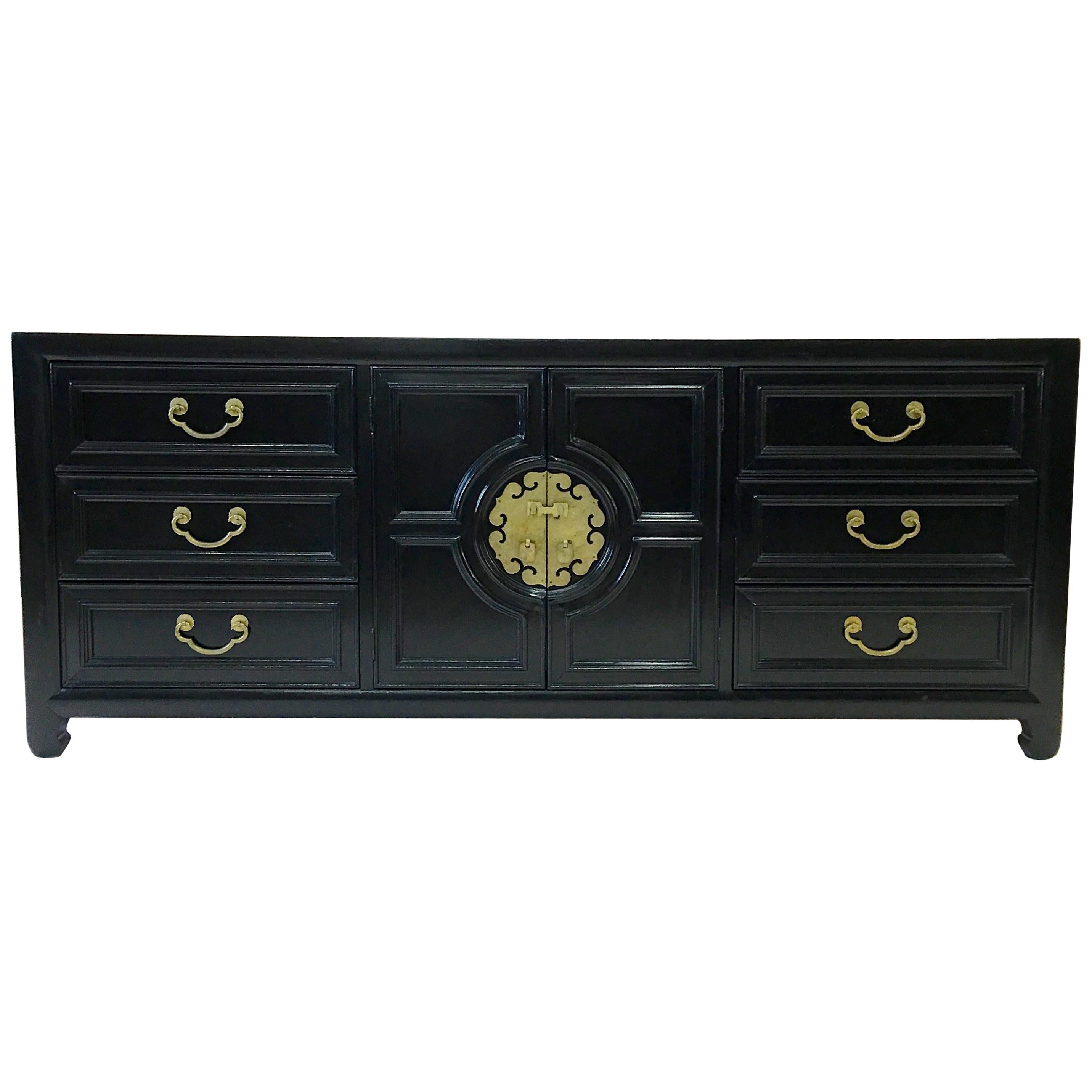 Hollywood Regency Asian Modern Motif Long Low Chest by Century Furniture