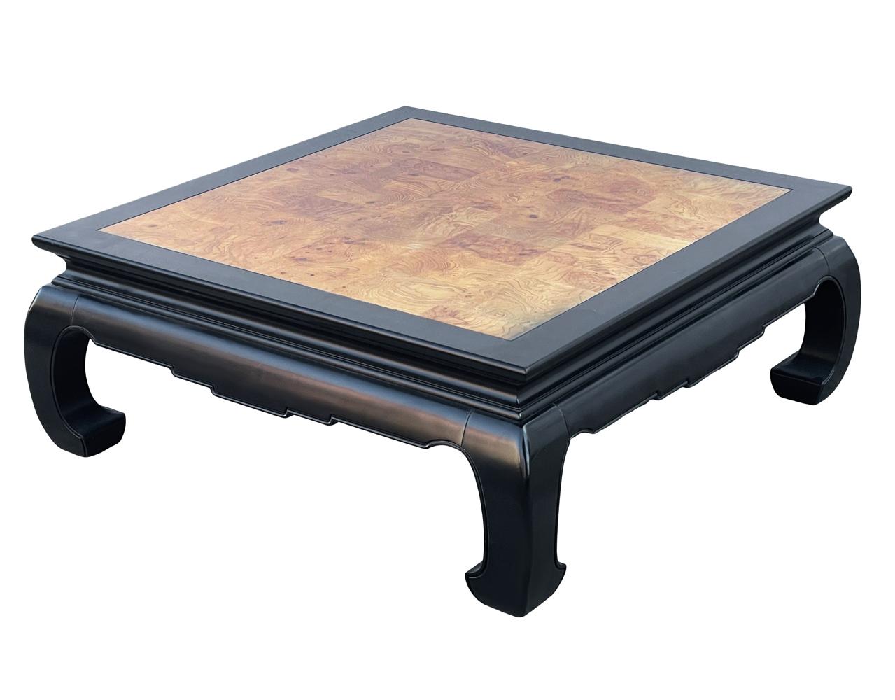 Late 20th Century Hollywood Regency Asian Modern Square Cocktail Table in Black & Burl Wood For Sale