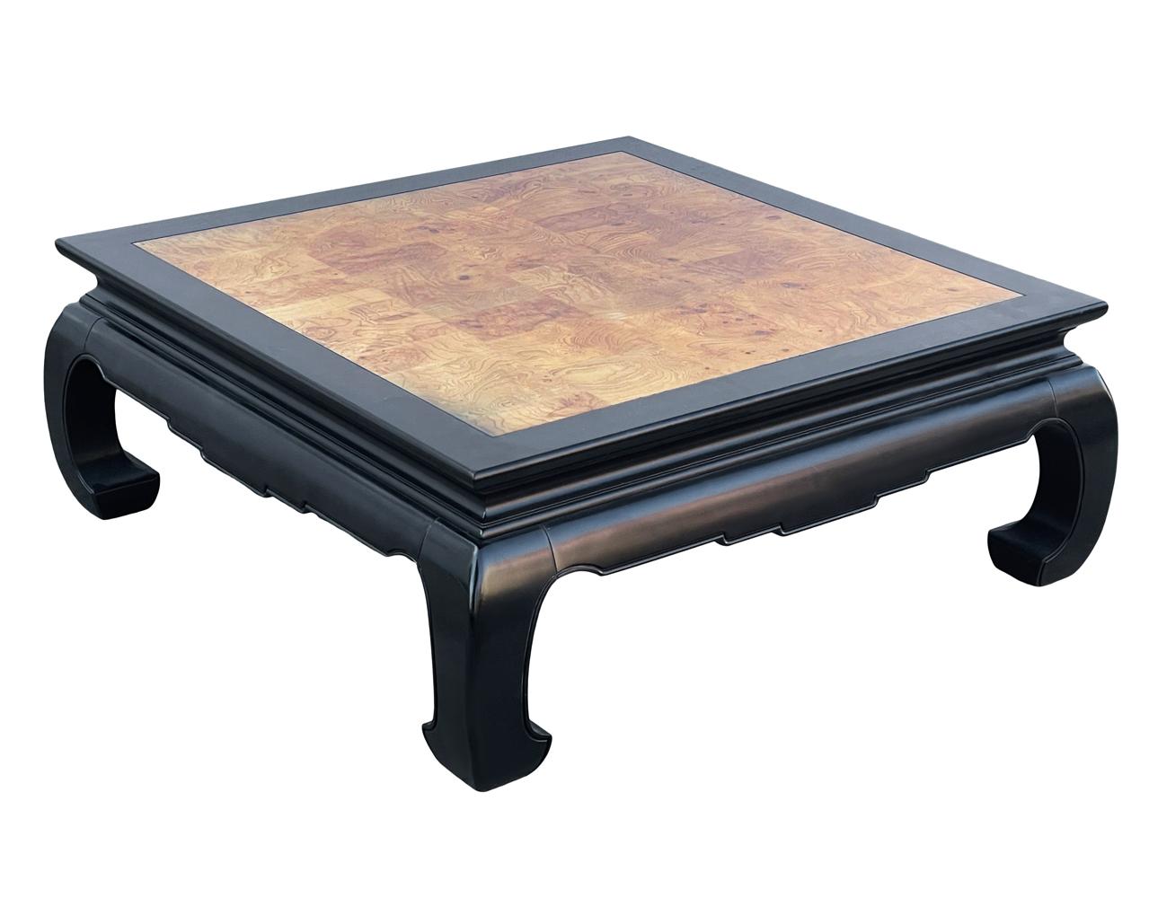 Hollywood Regency Asian Modern Square Cocktail Table in Black & Burl Wood For Sale 3