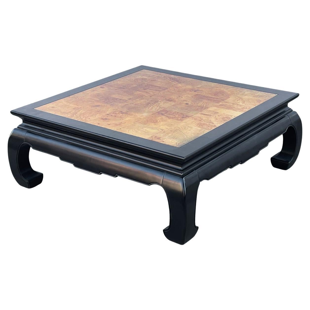 Hollywood Regency Asian Modern Square Cocktail Table in Black & Burl Wood For Sale