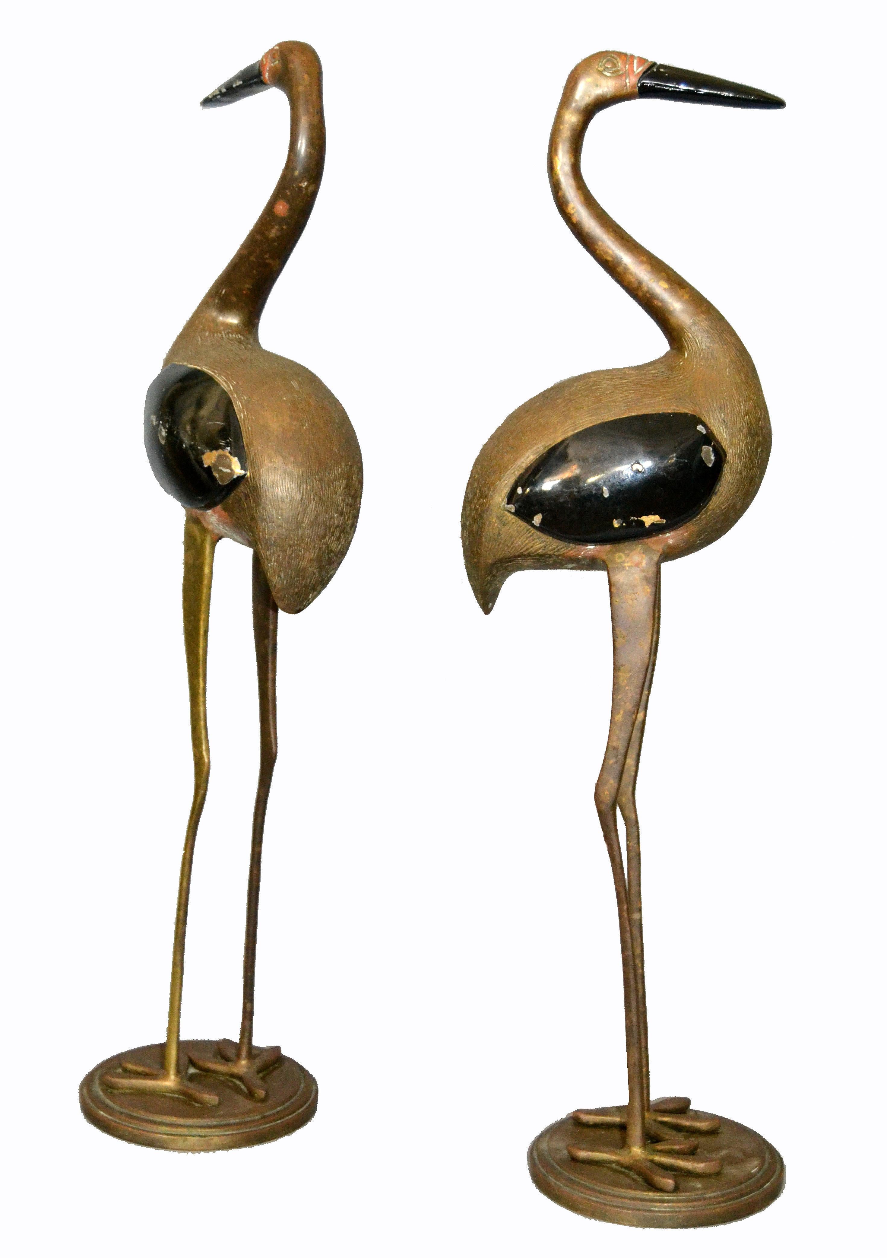 Hollywood Regency Asian Style Black Enamel & Bronze Crane Sculptures Base, Pair In Distressed Condition In Miami, FL