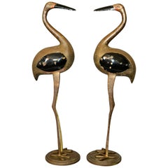 Hollywood Regency Asian Style Black Enamel & Bronze Crane Sculptures Base, Pair